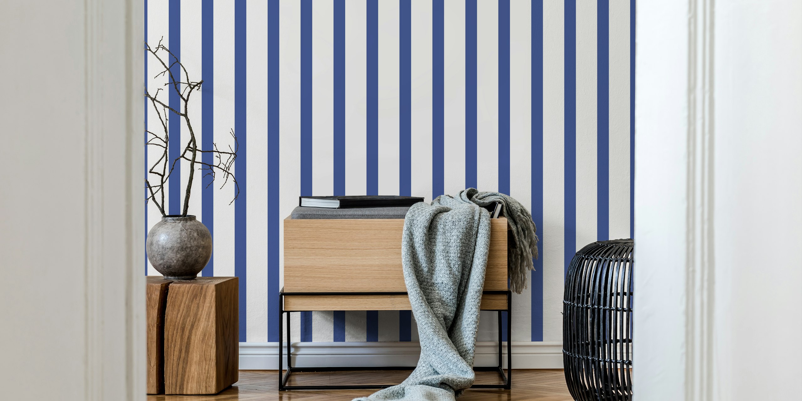 Minimal striped design in indigo blue and beige wallpaper