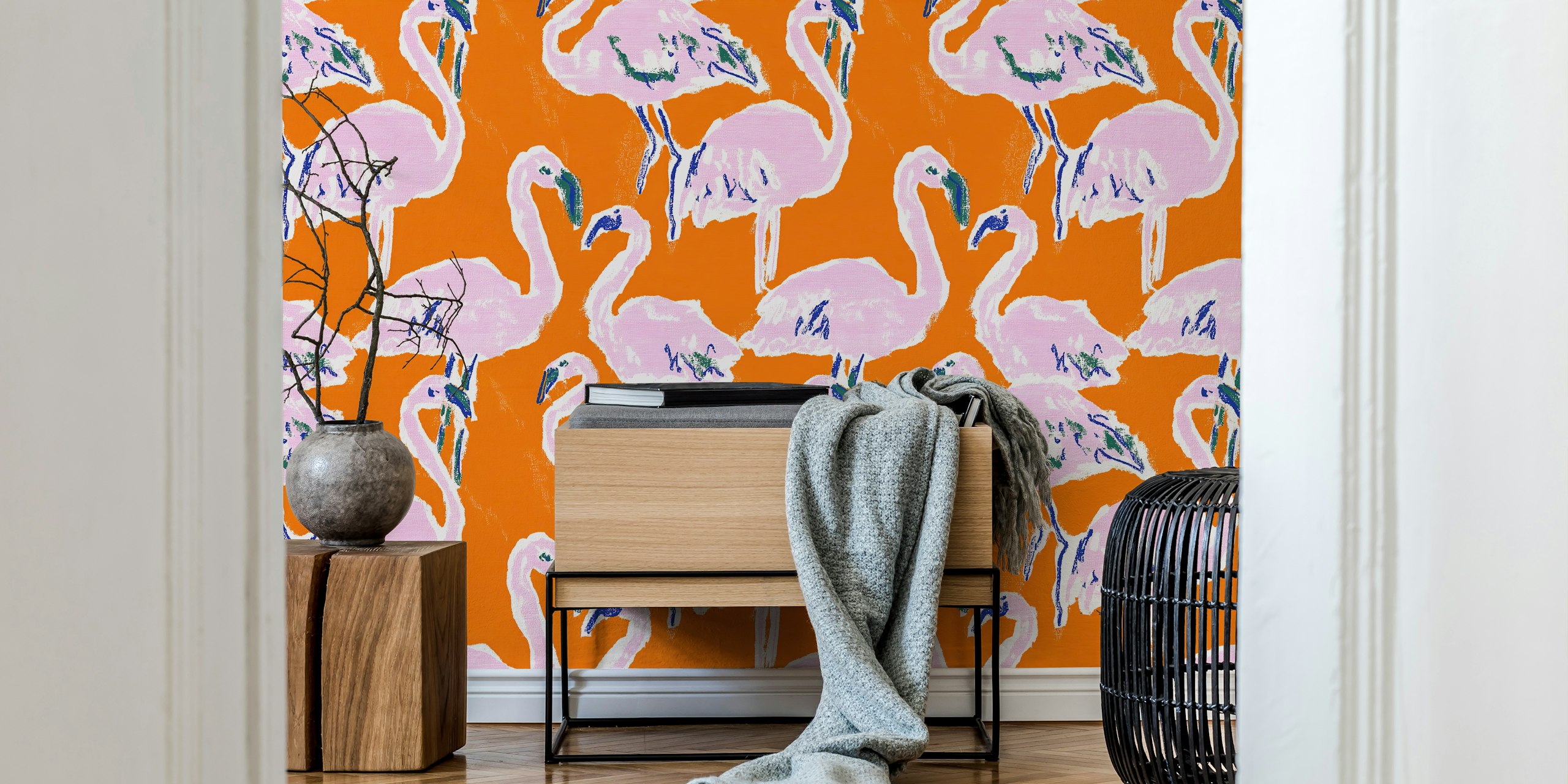 Pink flamingos on bright orange background wall mural