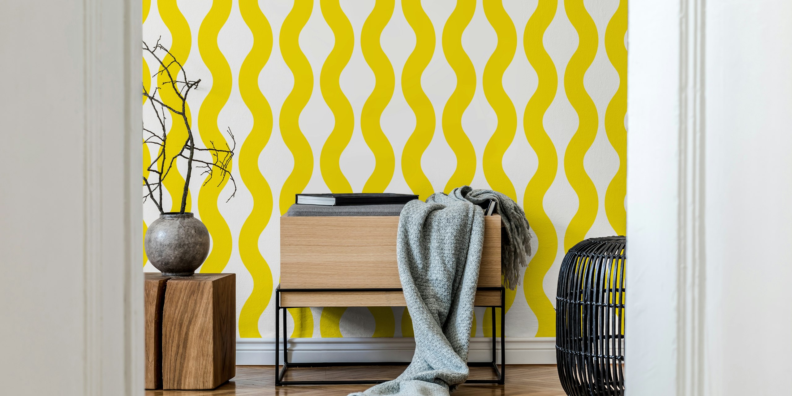 Bright yellow modern waves wallpaper in a room