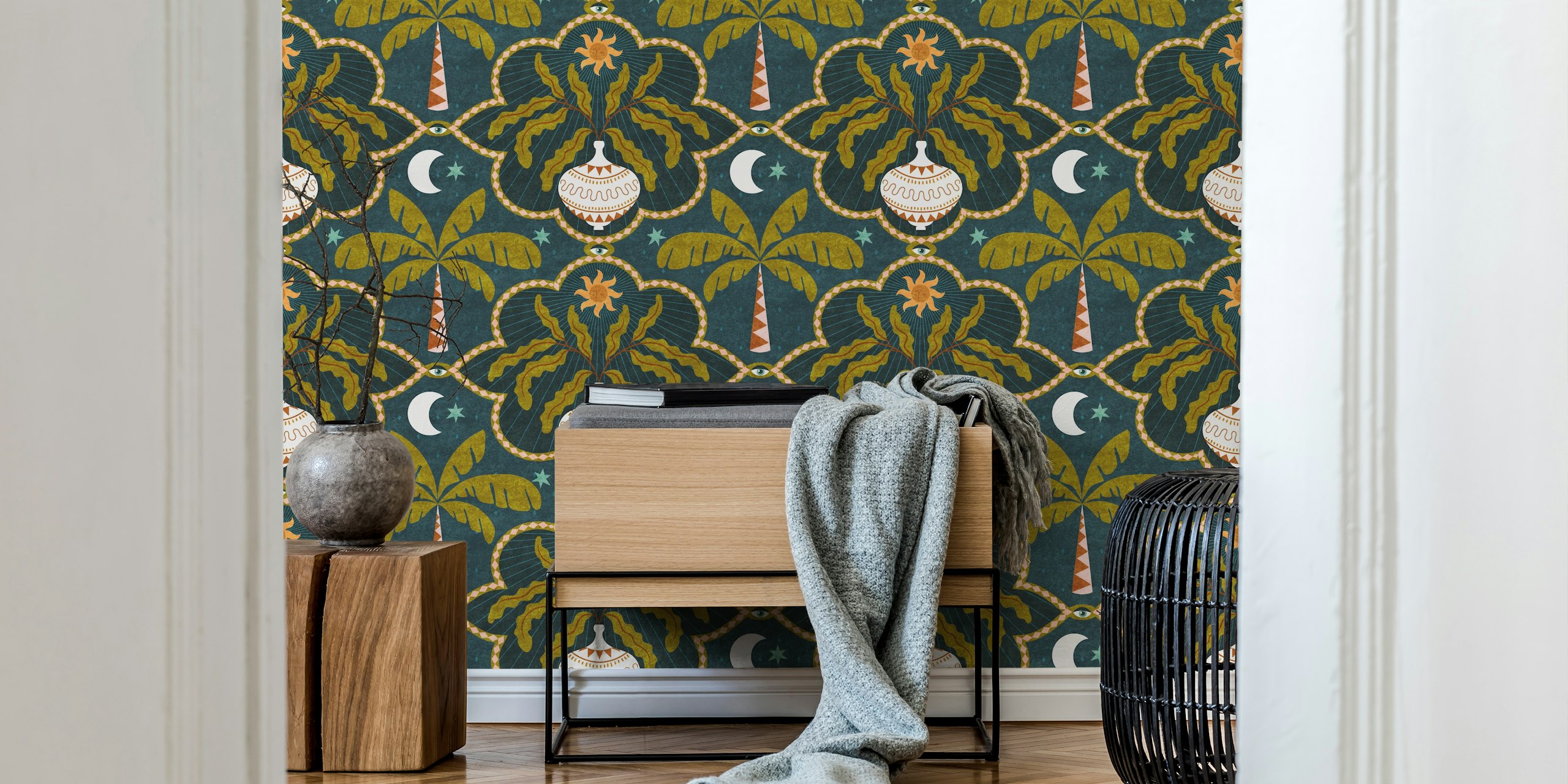 Dark Boho Celestial Moon Palm Tile wallpaper