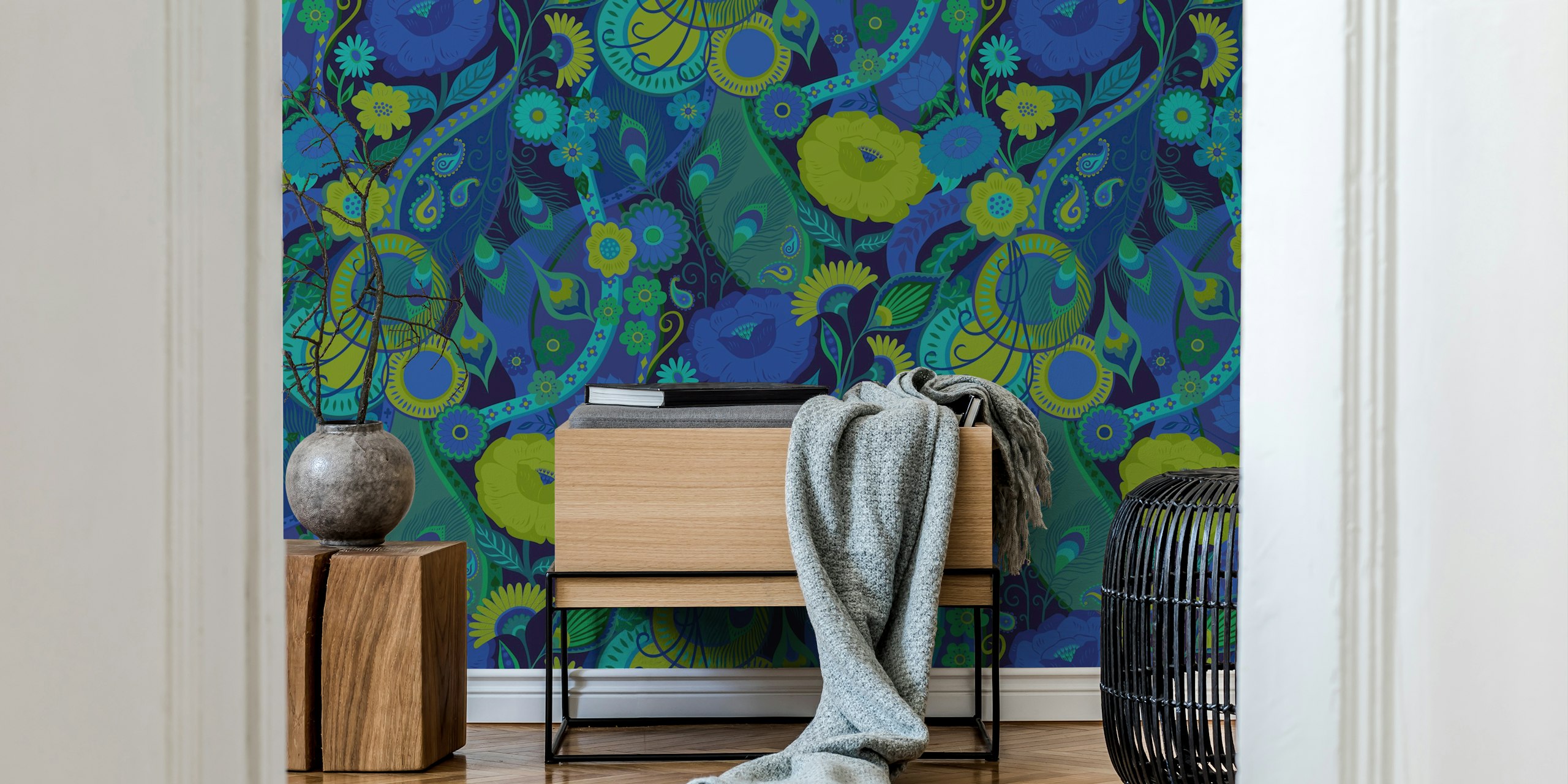 Opulent Bohemian 70s Glam Floral wallpaper in a room
