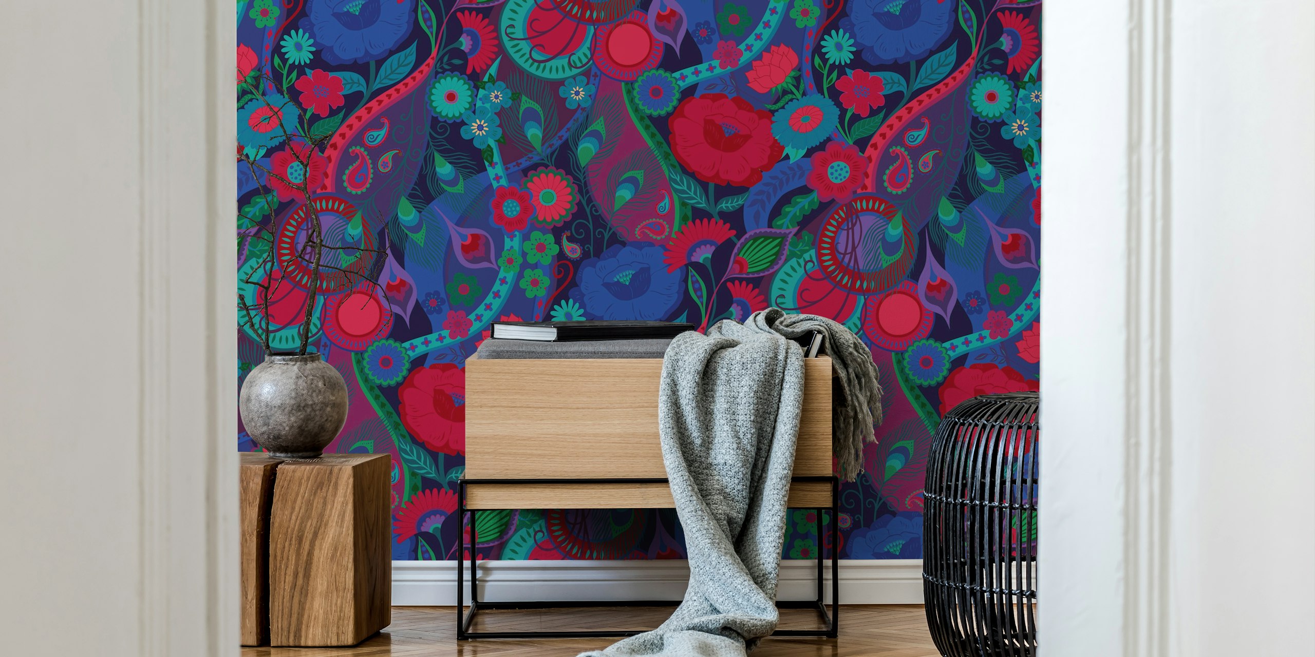 Colorful floral wallpaper in a room