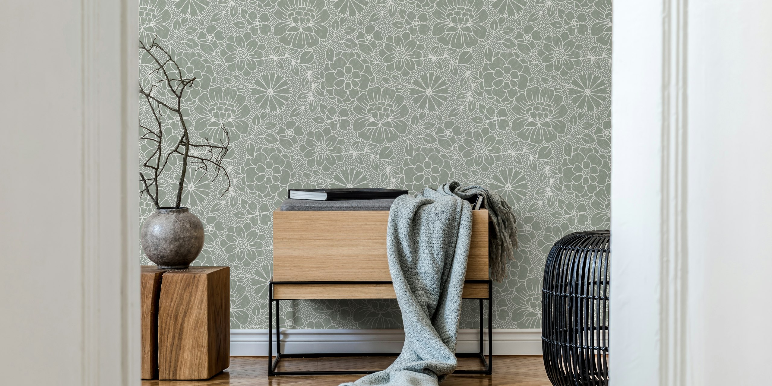 Sage green floral pattern with white outlines wallpaper