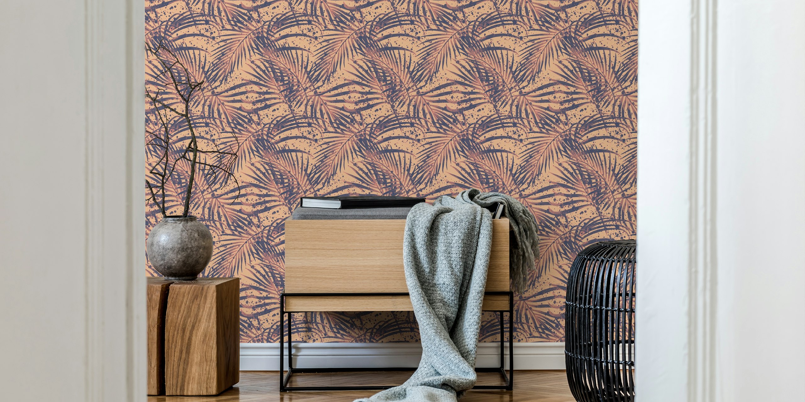 Tropical palm leaves on a peach background in a graphic style wallpaper