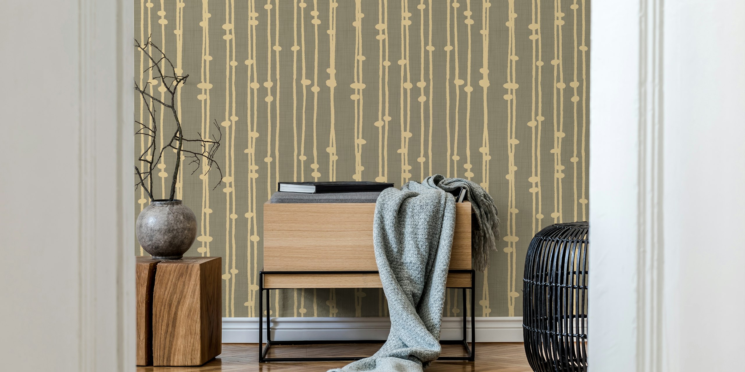 Boho Jewel Tone Stripes Retro Taupe wallpaper in a room