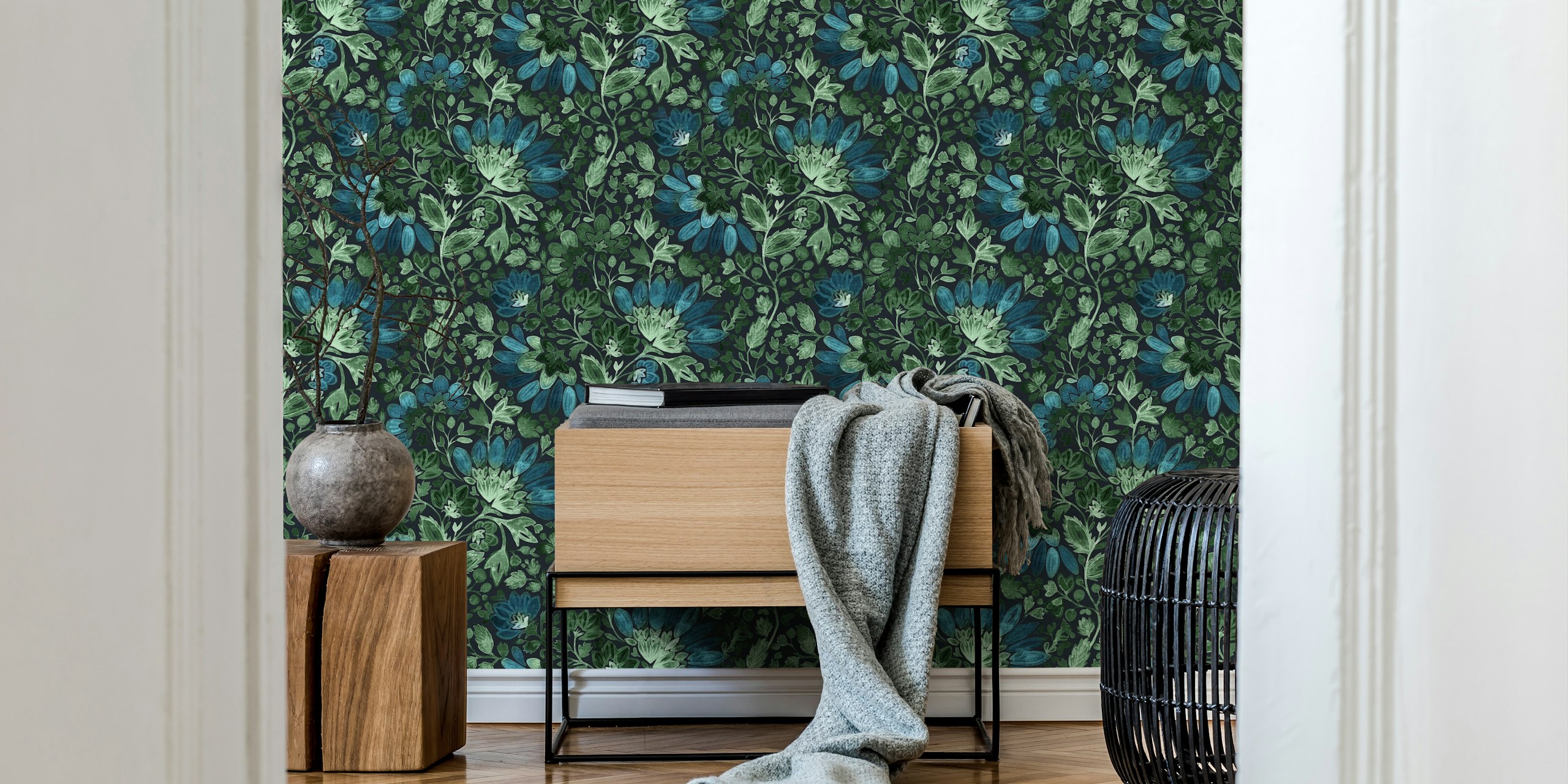Emerald green and blue floral pattern on dark background wallpaper
