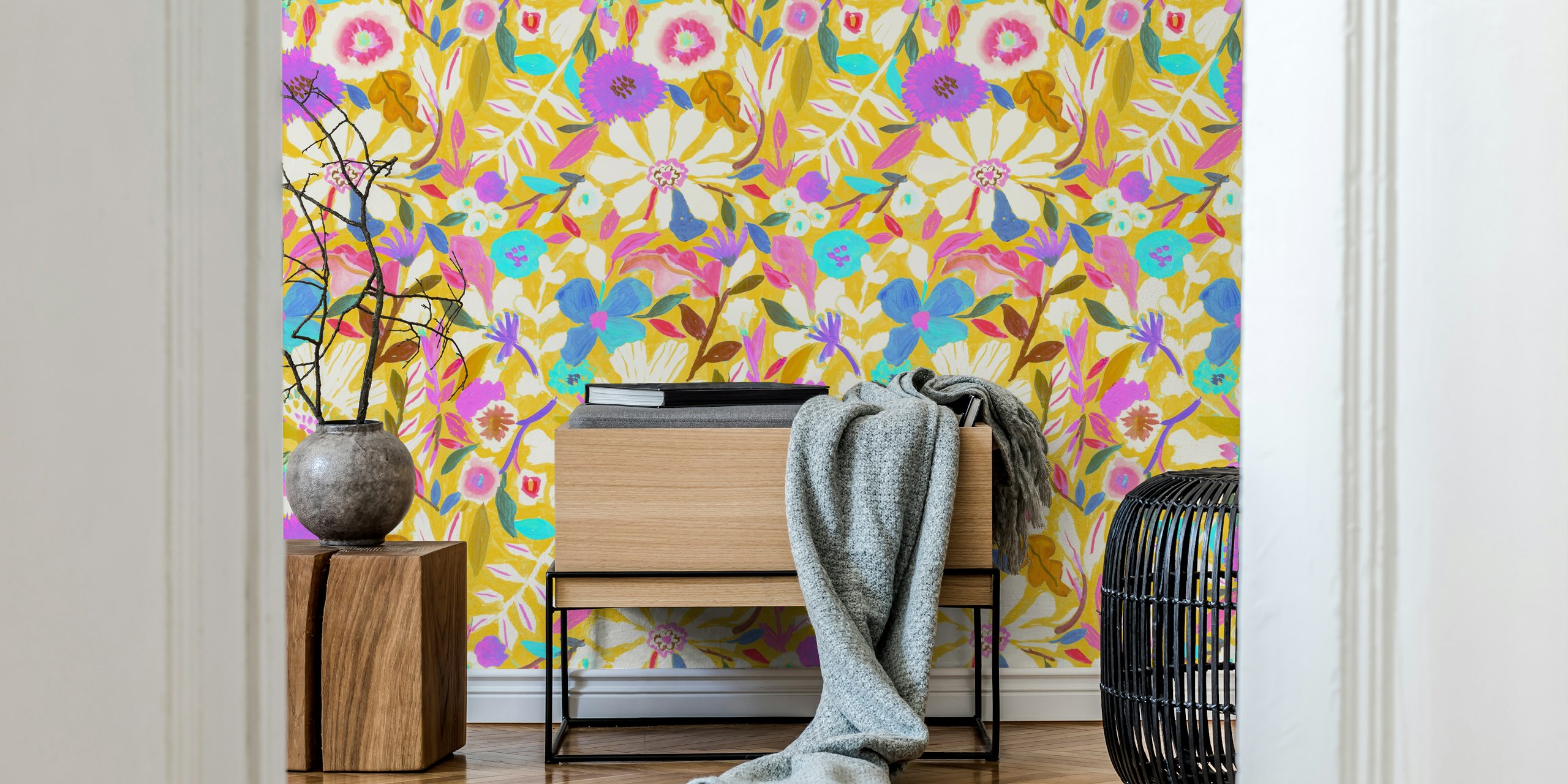 Vibrant watercolor floral design with yellow background wallpaper