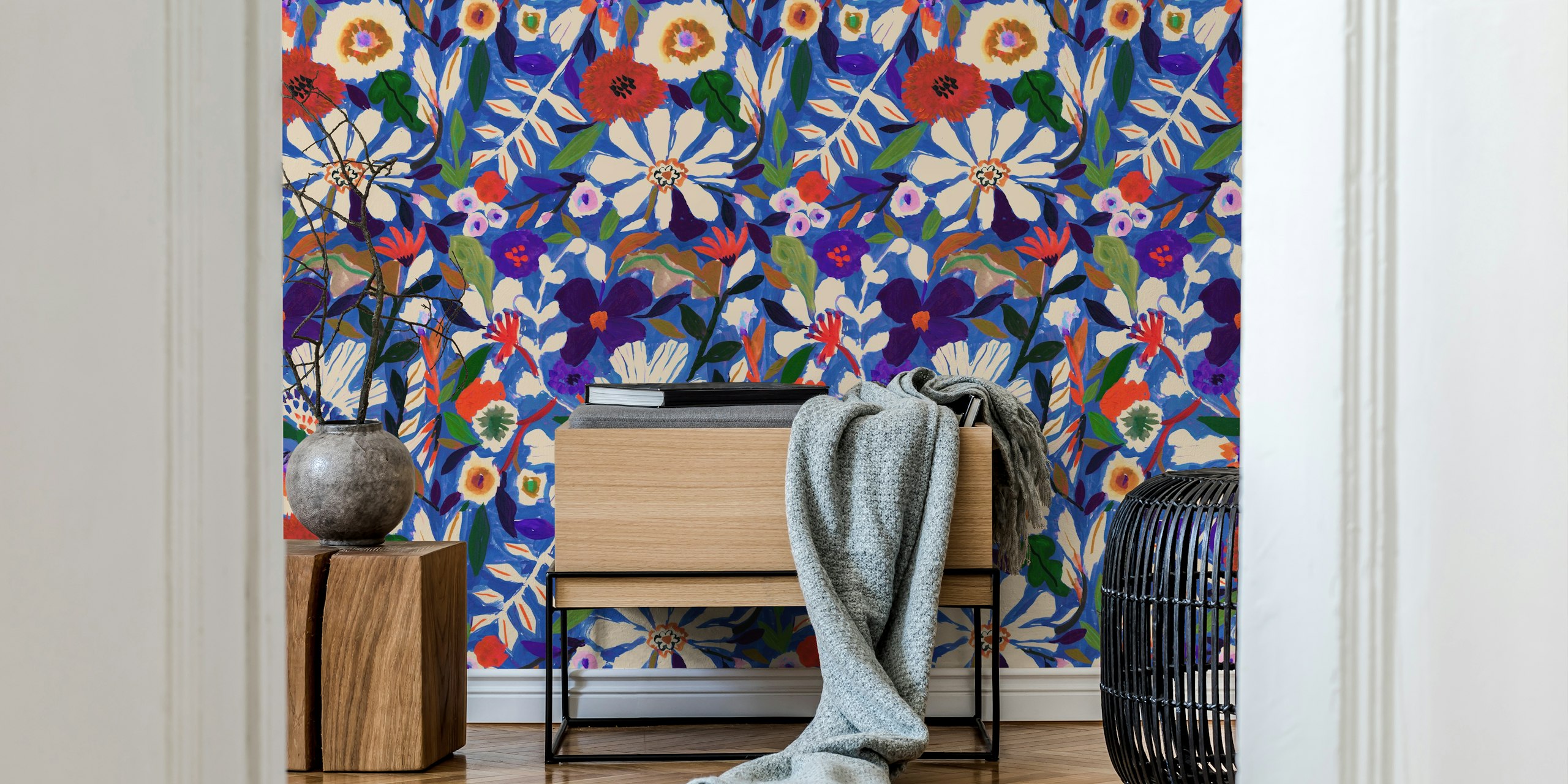 Abstract Garden Painterly Florals wallpaper in a room