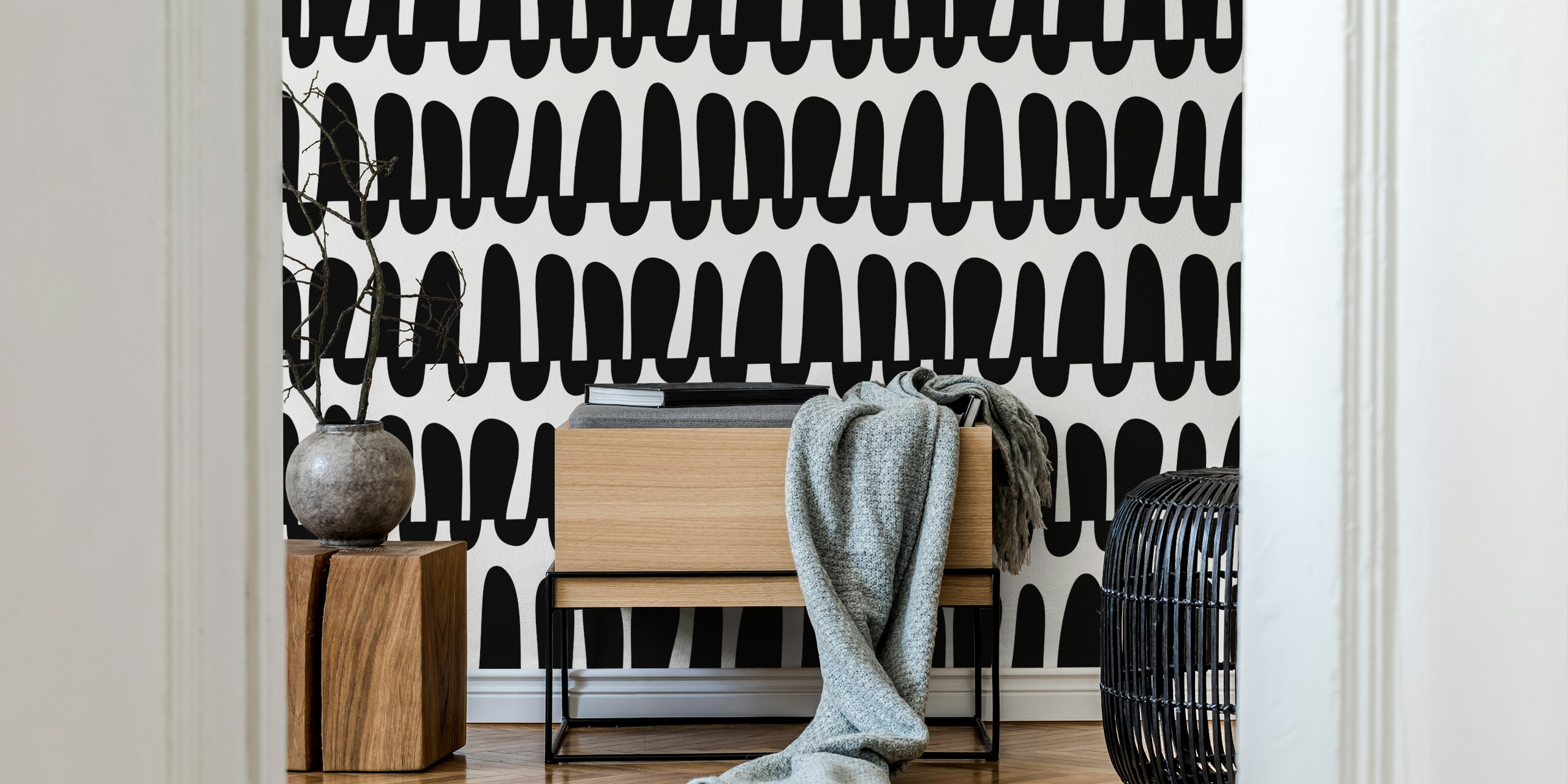Wavy horizontal stripes in black and white wallpaper