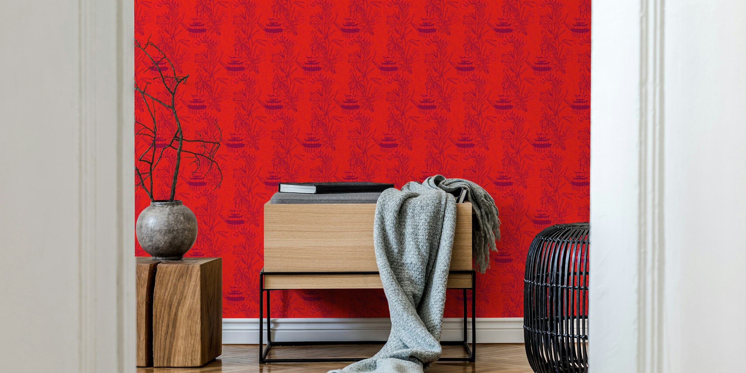Red Asian Toile wallpaper with bamboo and pagoda