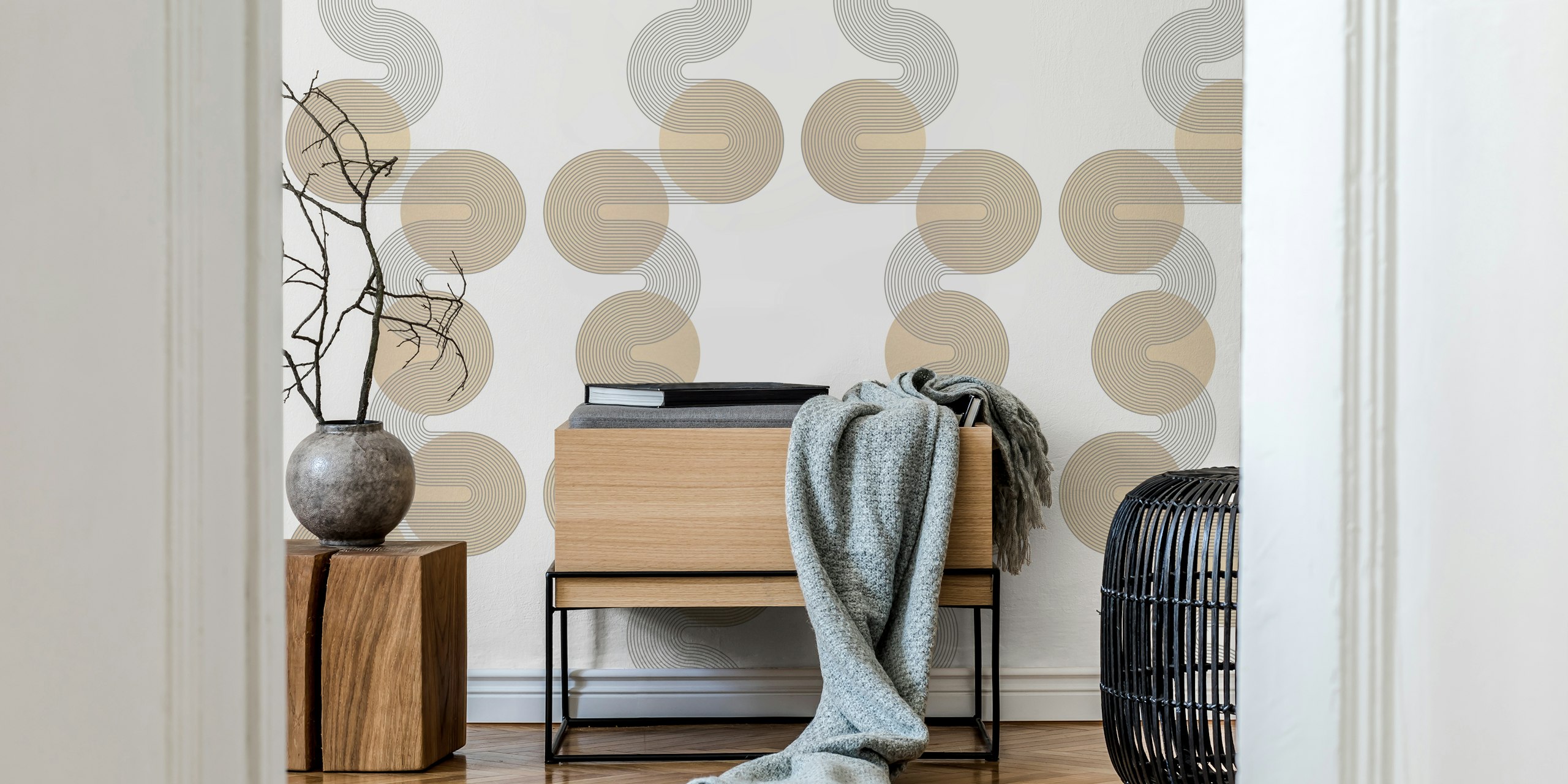 Papel tapiz Mid Century Circle Waves en una habitación