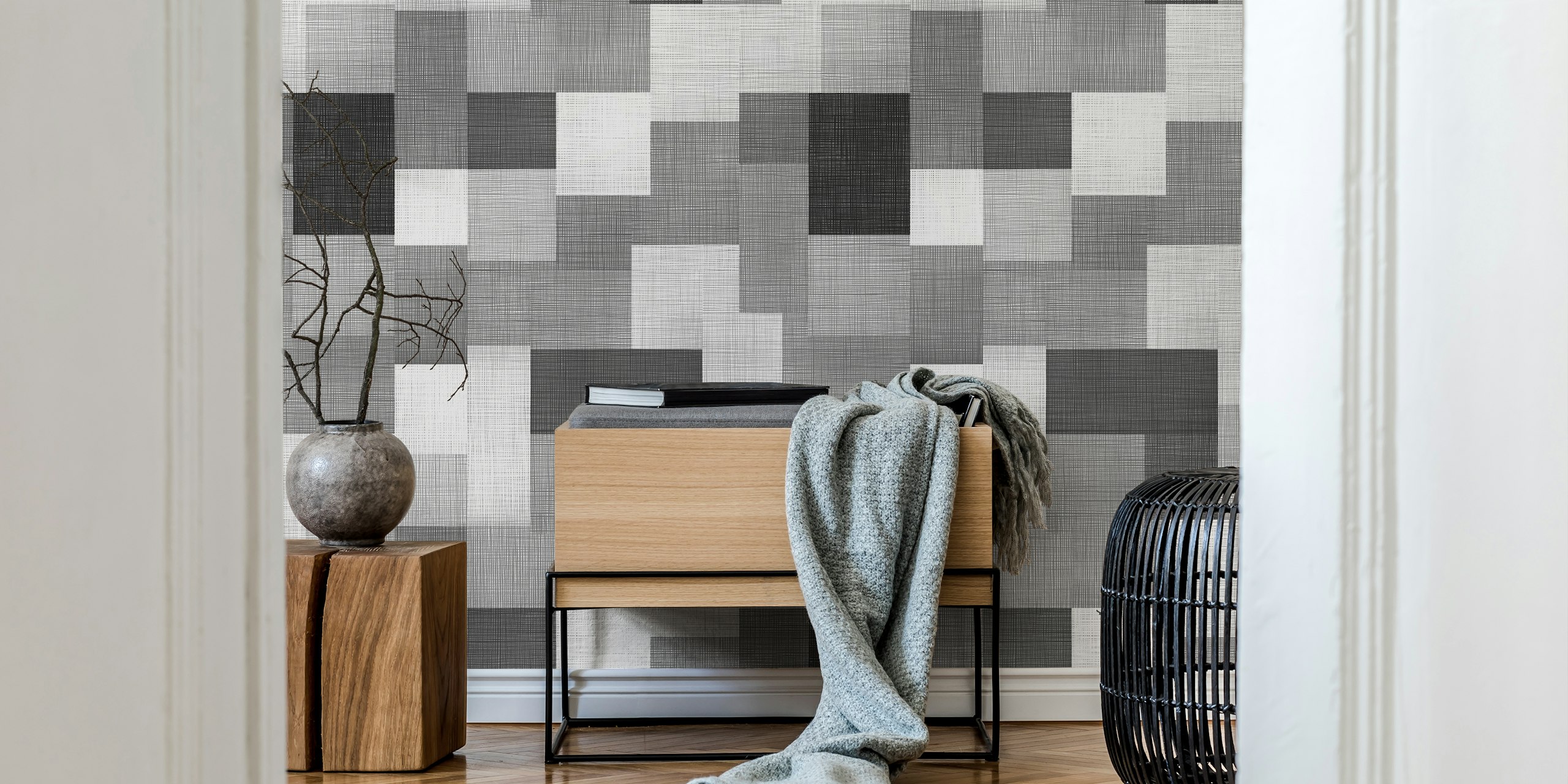 Papel de parede Monochrome Grid Harmony em um quarto