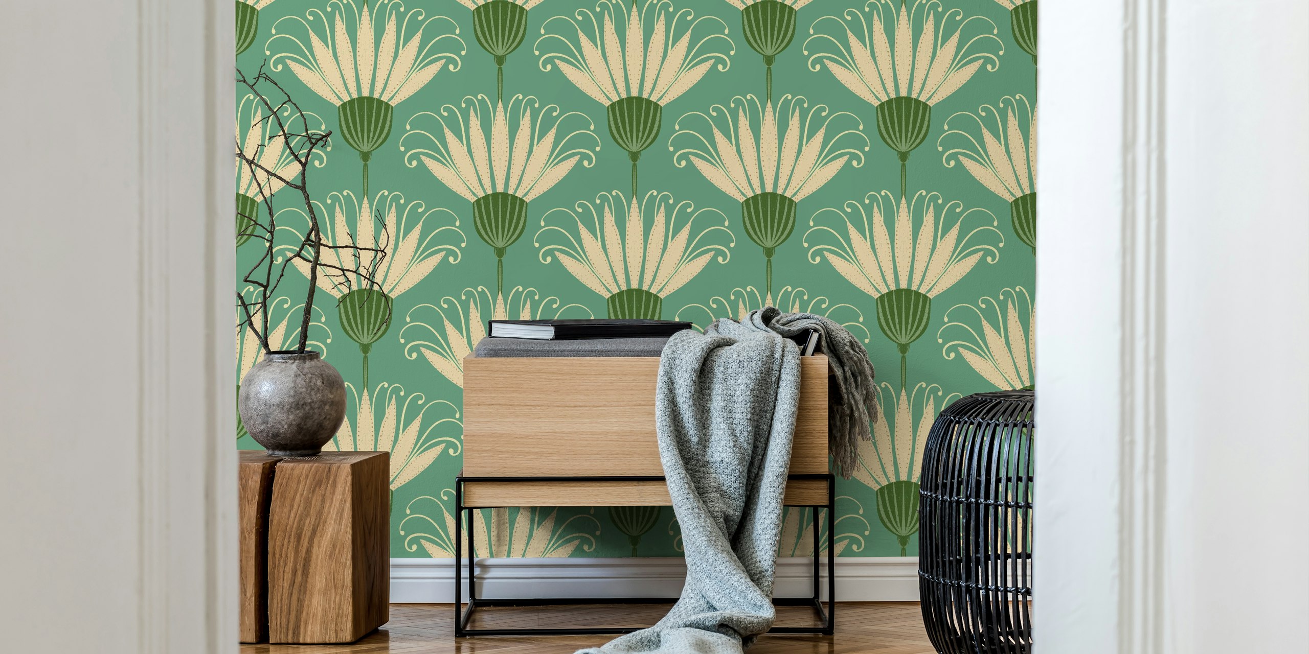 Soft Jade Green Retro Floral Wallpaper Design