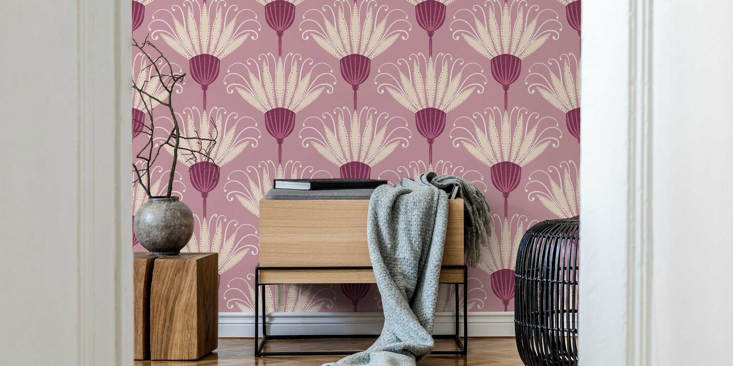 Large plum purple retro floral wallpaper with cream flowers