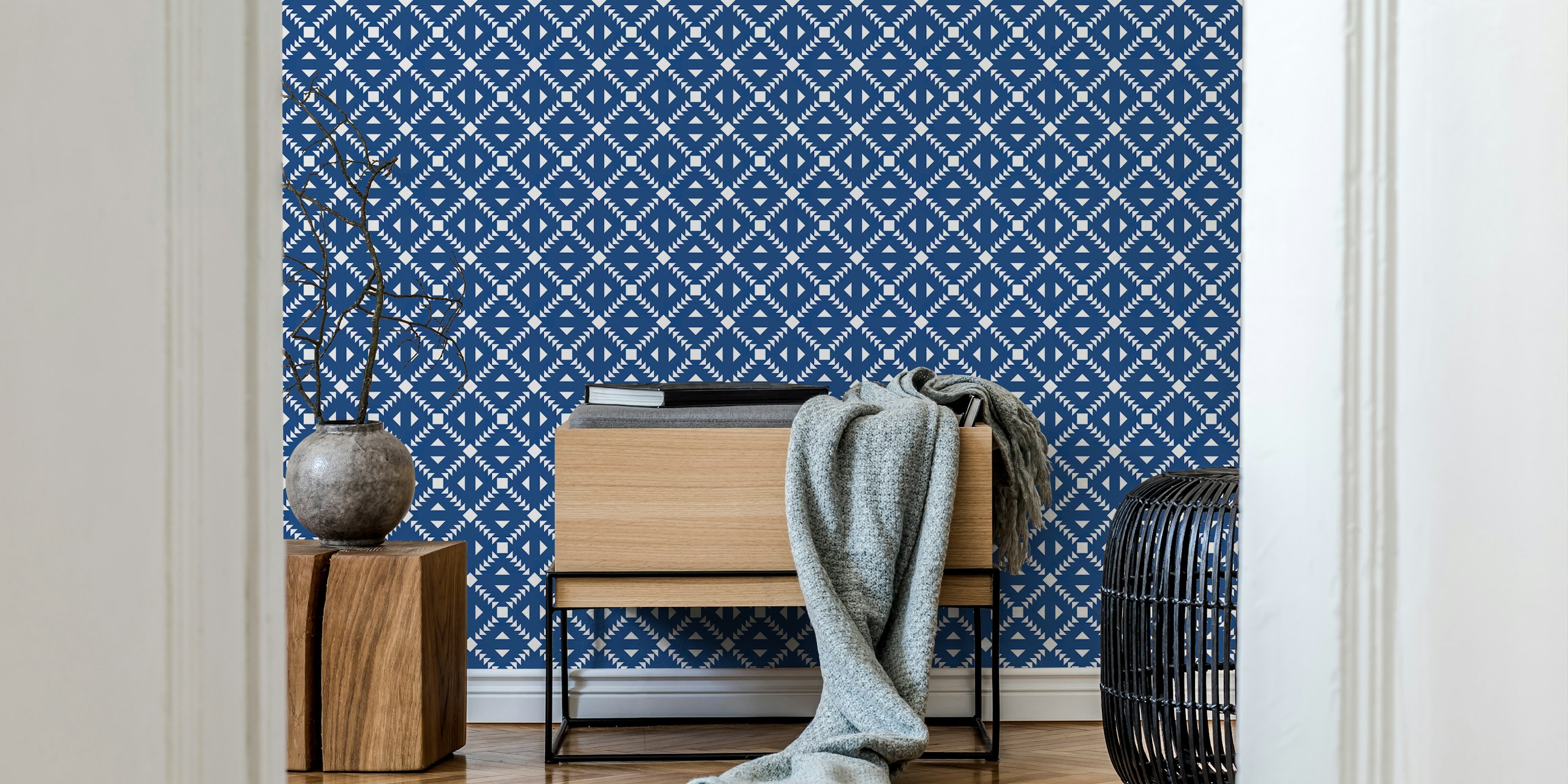 Navy blue tiles minimalist wallpaper in interior