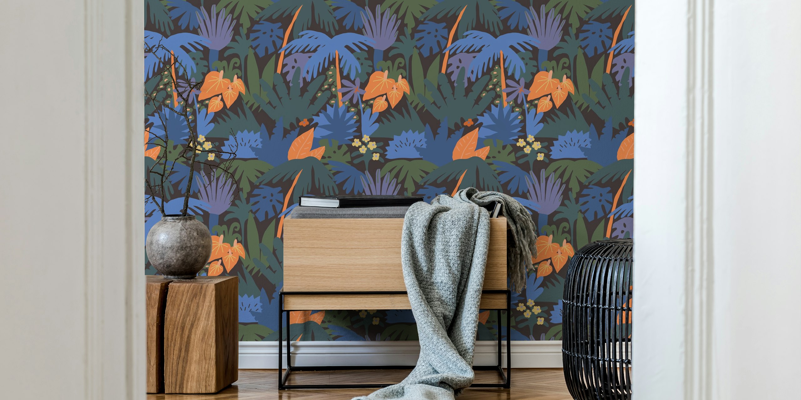 Tropical jungle foliage in green, blue, and orange wallpaper