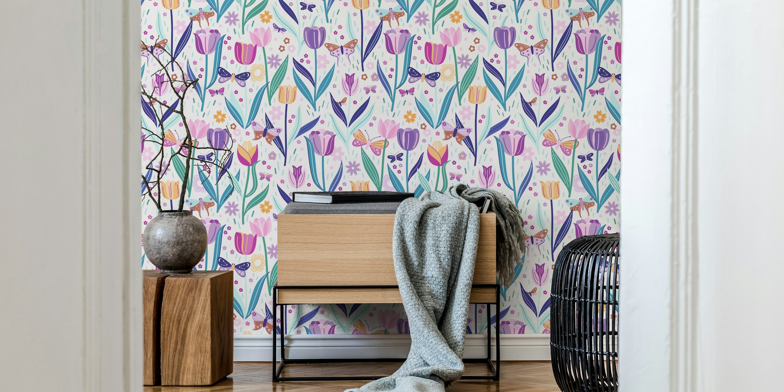 Colorful floral pattern with tulips and butterflies wallpaper