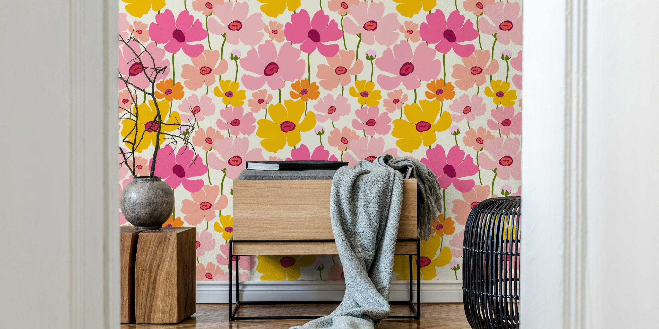 Ilustrace živé fototapety „Buttercup Field“ s růžovými a žlutými květy a zeleným listím.
