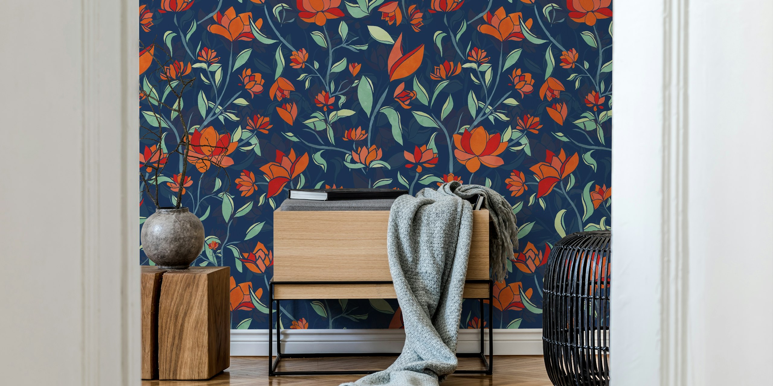Red and blue floral garden design with leaves wallpaper
