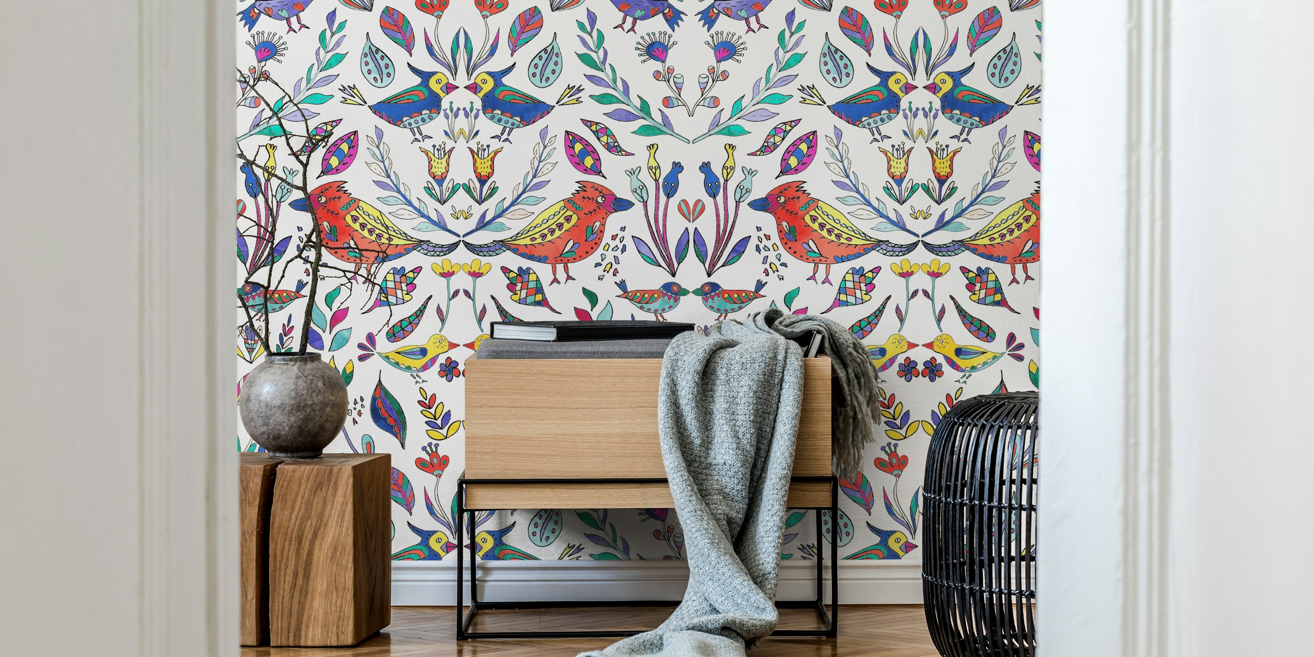 Scandinavian style wall mural featuring colorful birds and flowers on a white background