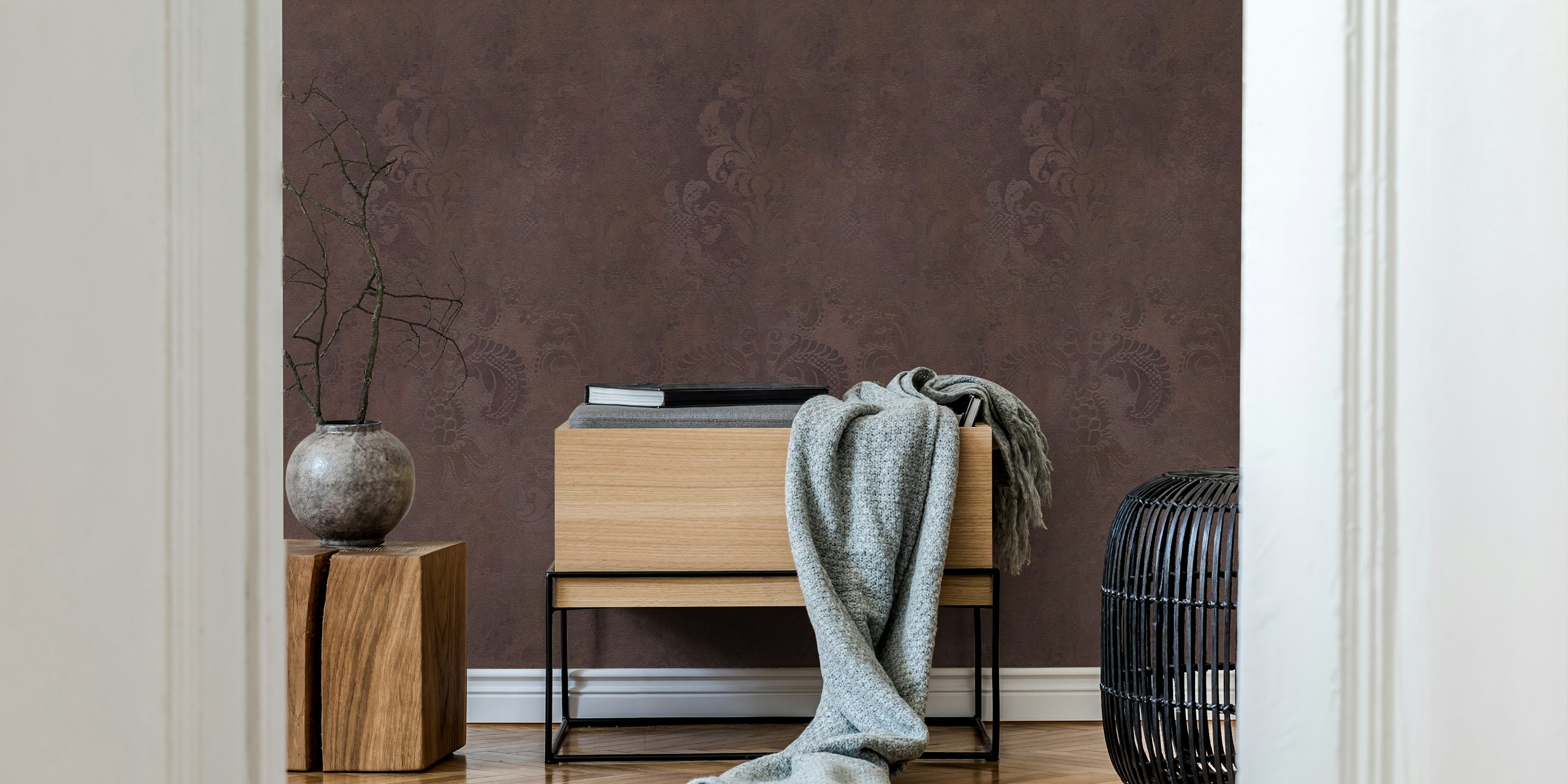 Grunge Damask Pattern Chocolate Brown papel tapiz