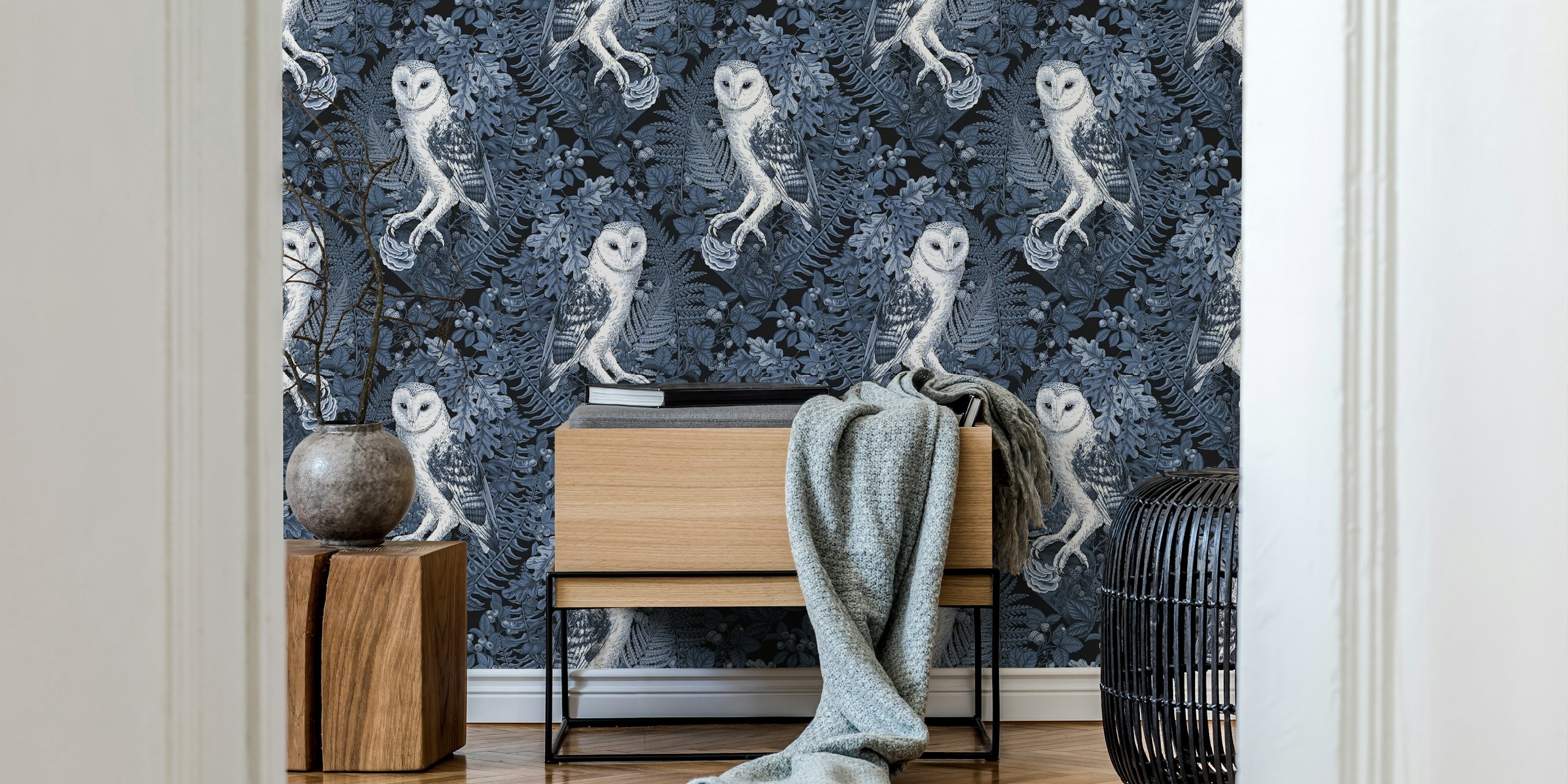 Blue monochrome wall mural featuring owls, ferns, oak leaves, and berries