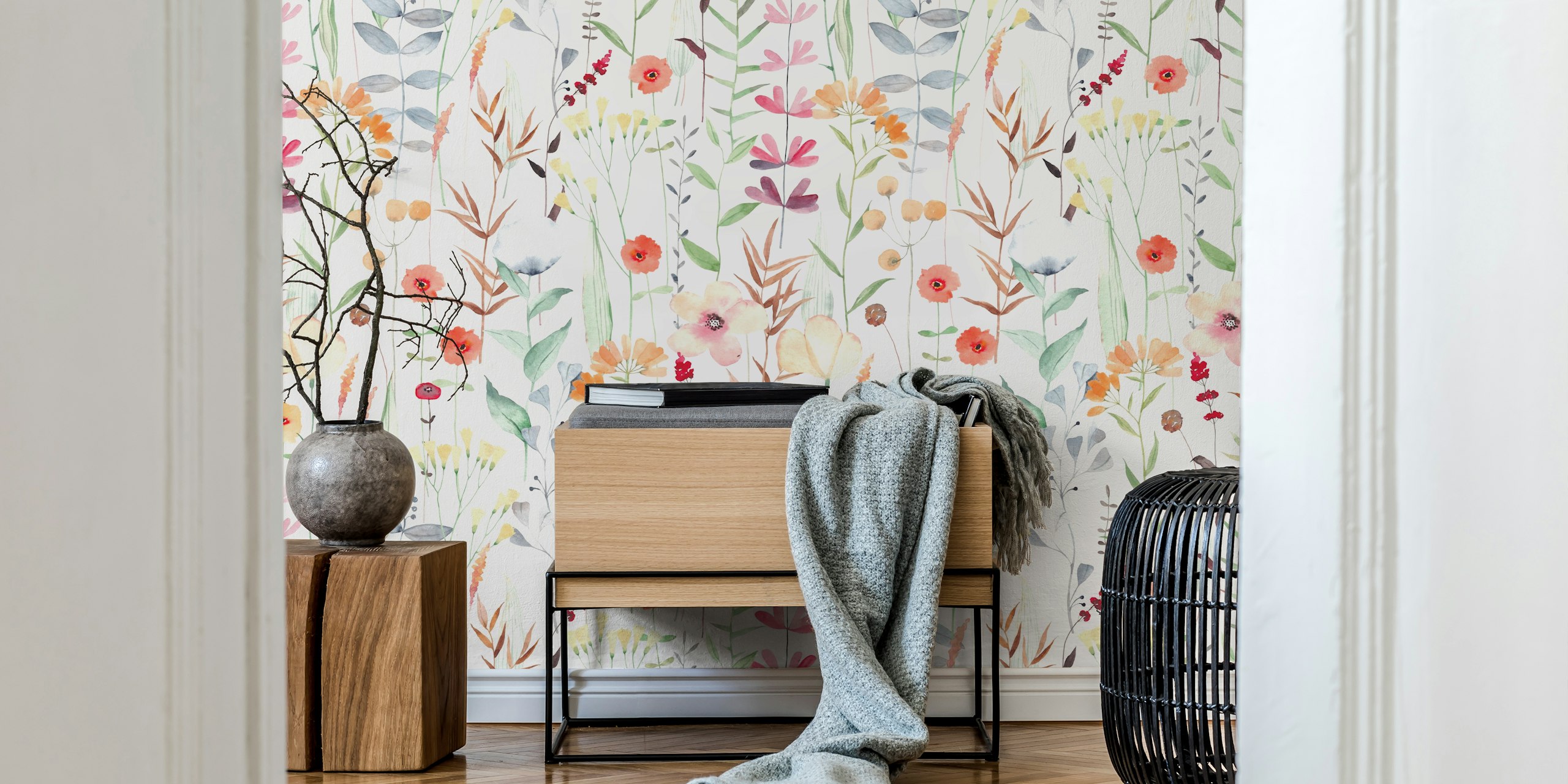 Colorful watercolor flowers in soft hues on white wallpaper