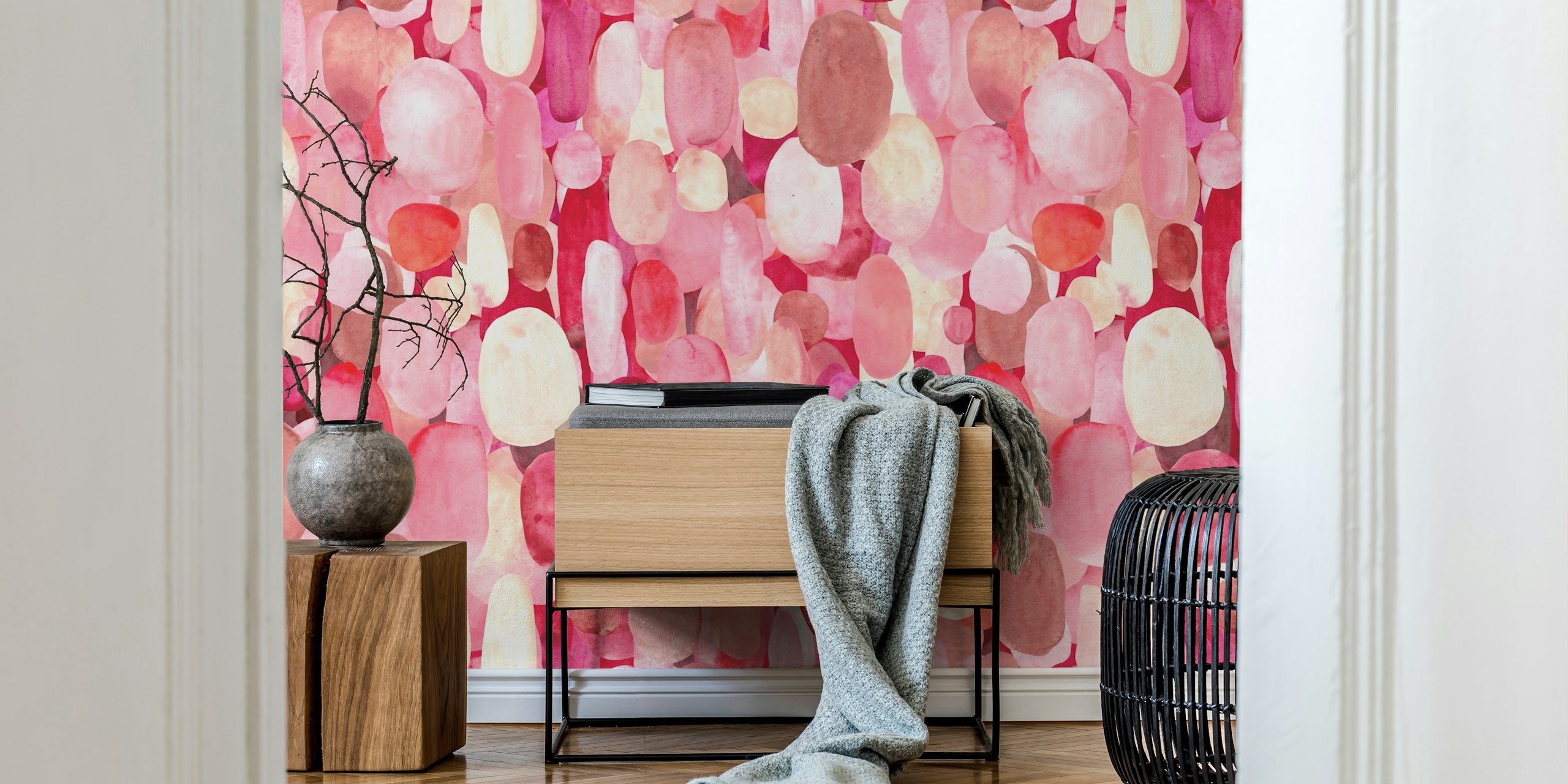 Colorful red spots pattern wallpaper in a room