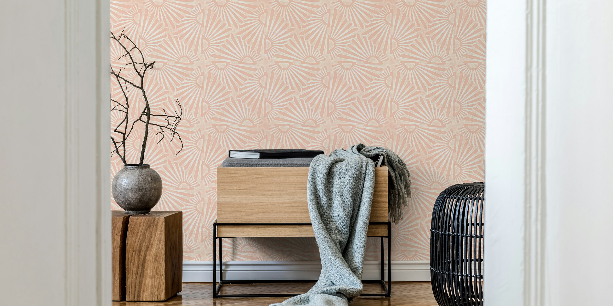 Peach vintage floral wallpaper with sunburst patterns