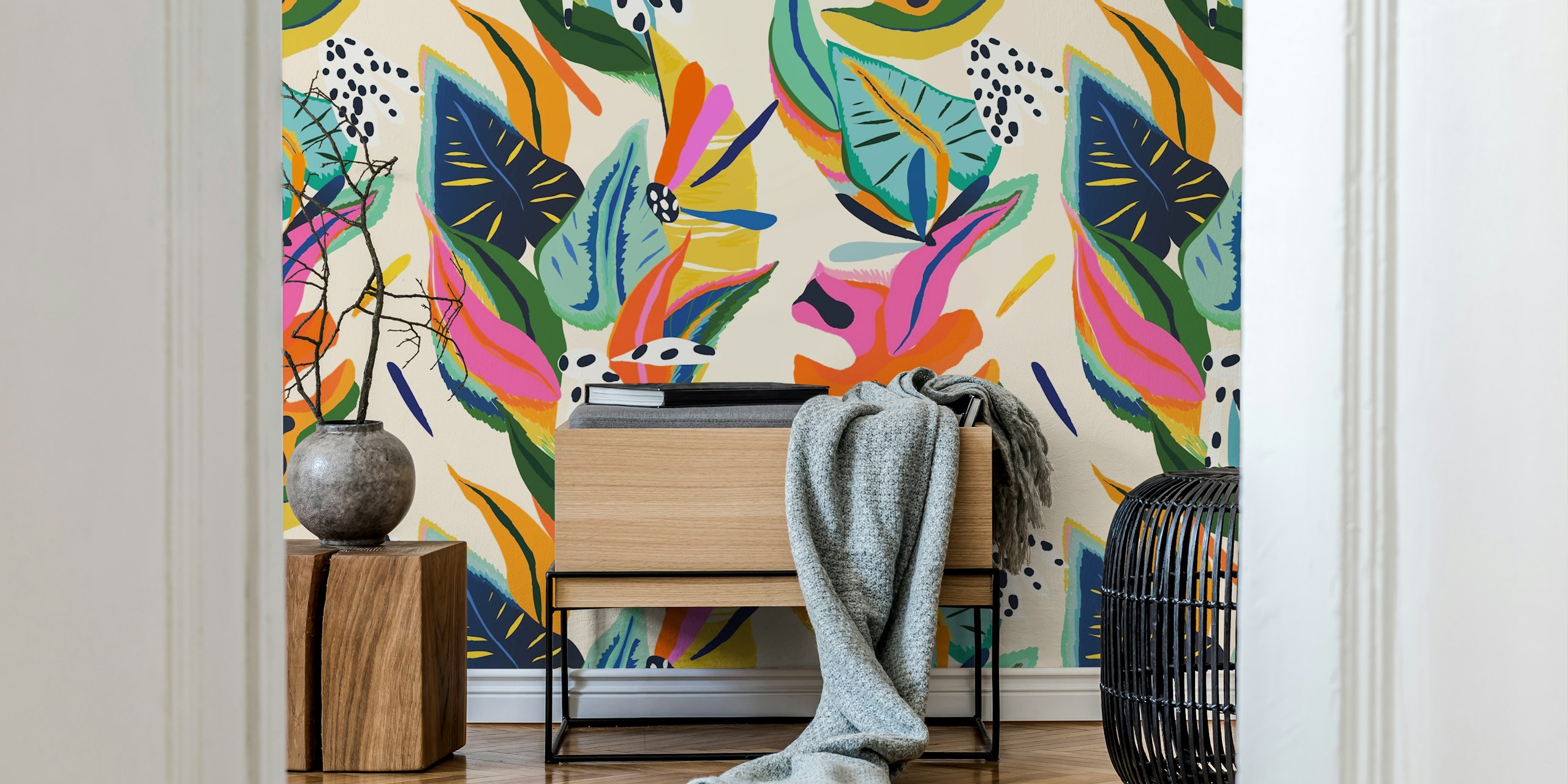 Colorful tropical leaves with vibrant patterns wallpaper