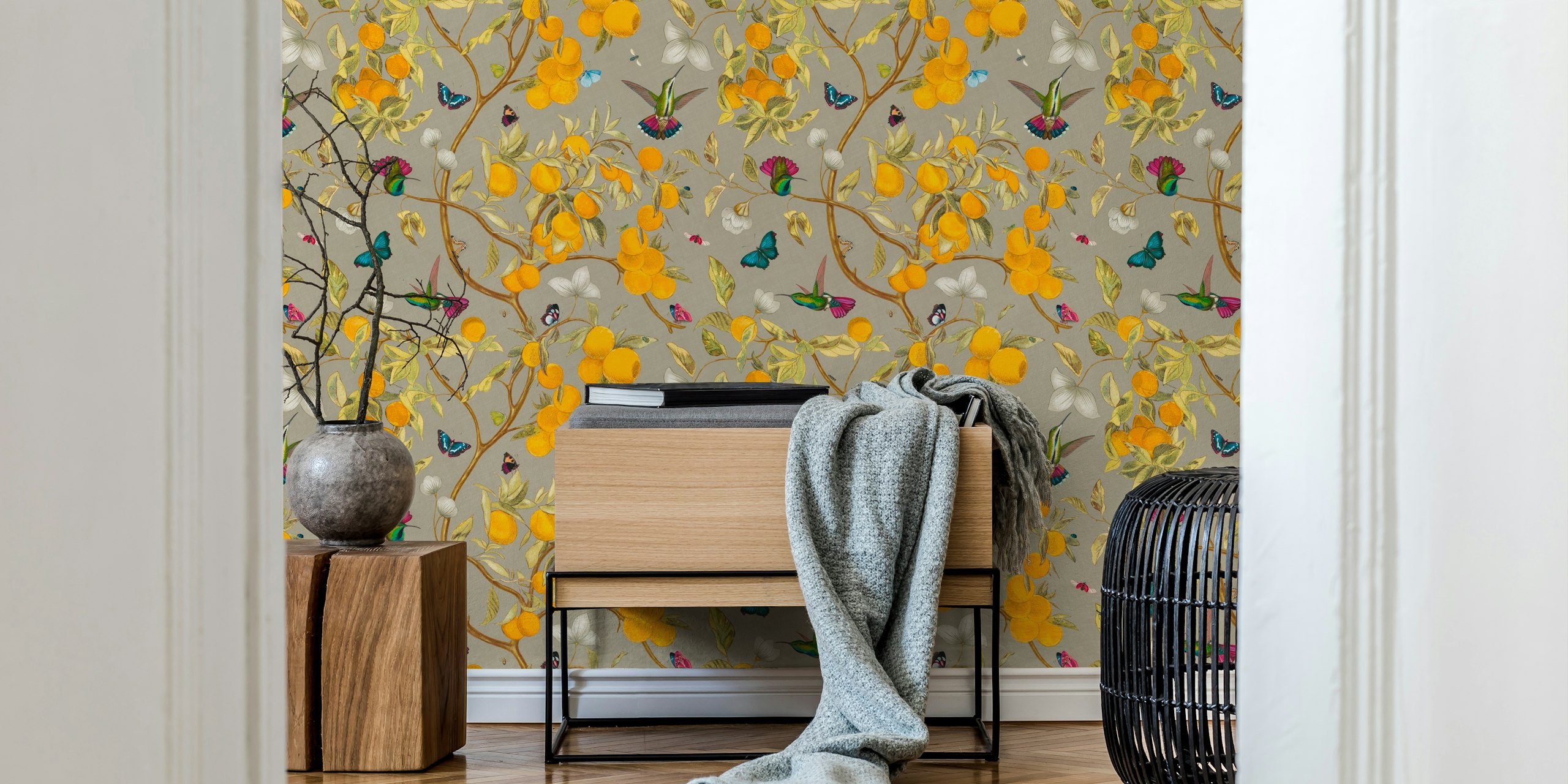 Hummingbirds y lemons papel pintado en una habitación