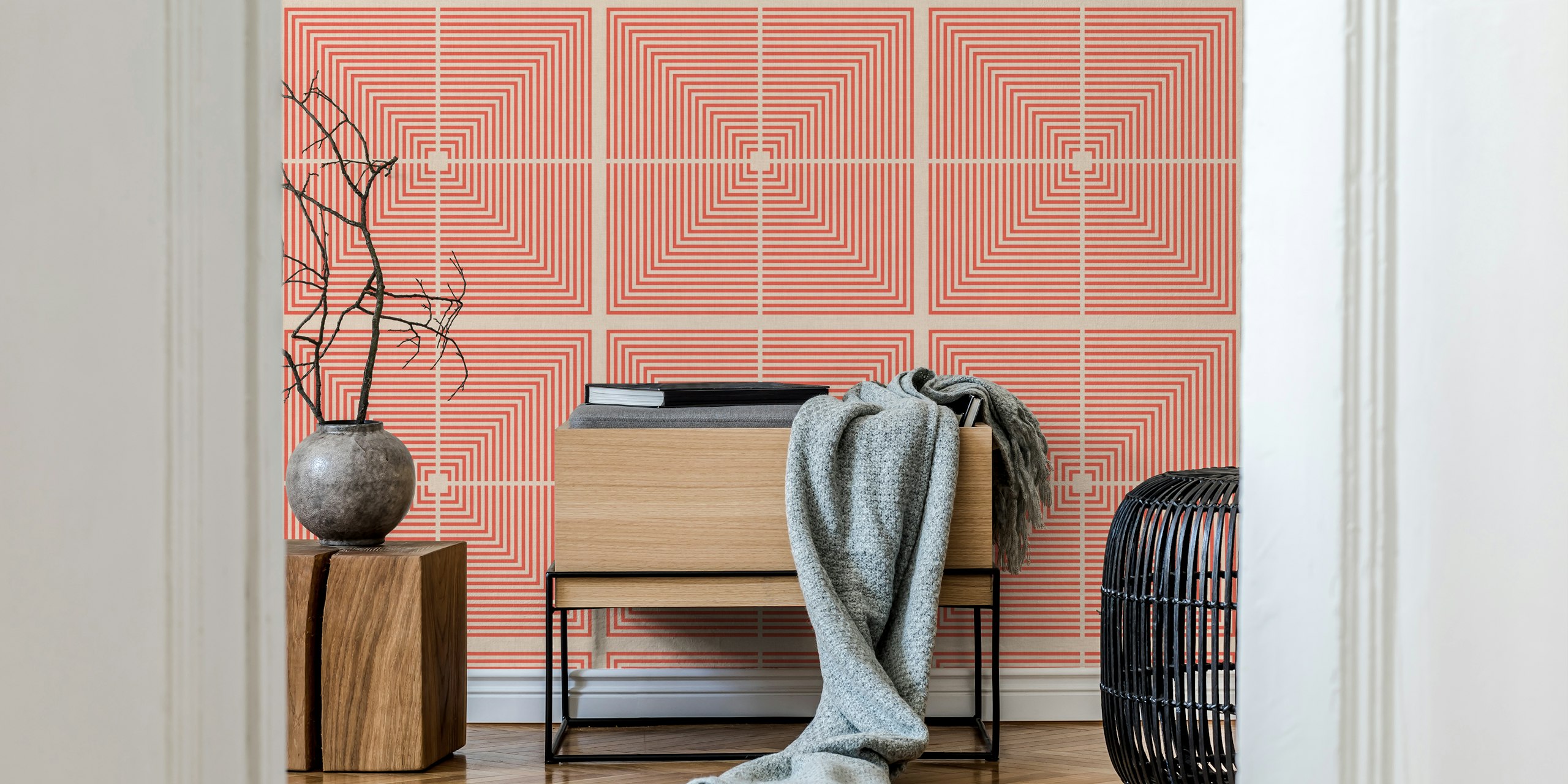 Geometric pattern in coral and cream wallpaper