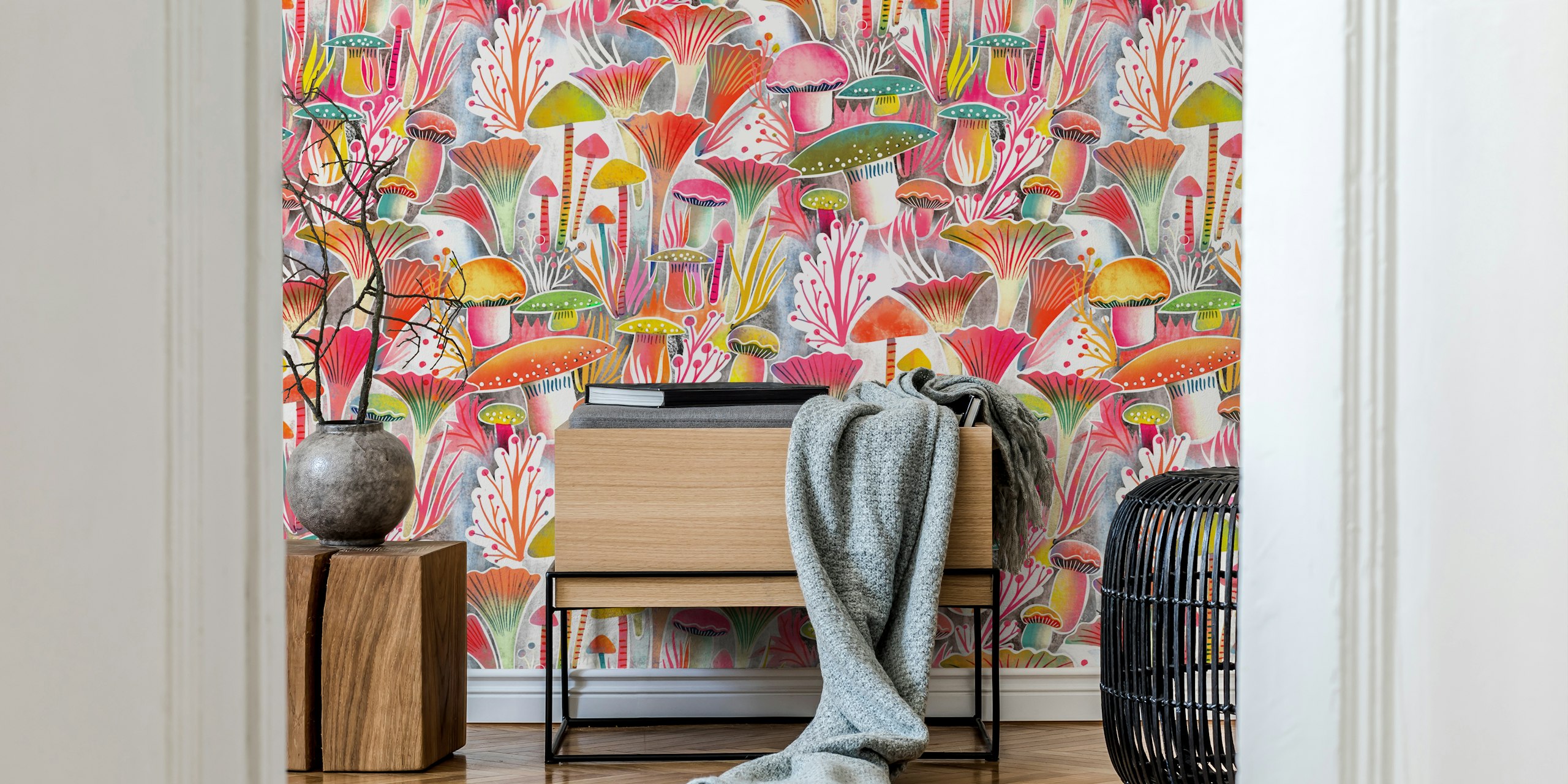 Colorful mushroom forest design featuring pink and green mushrooms, modern watercolor wallpaper