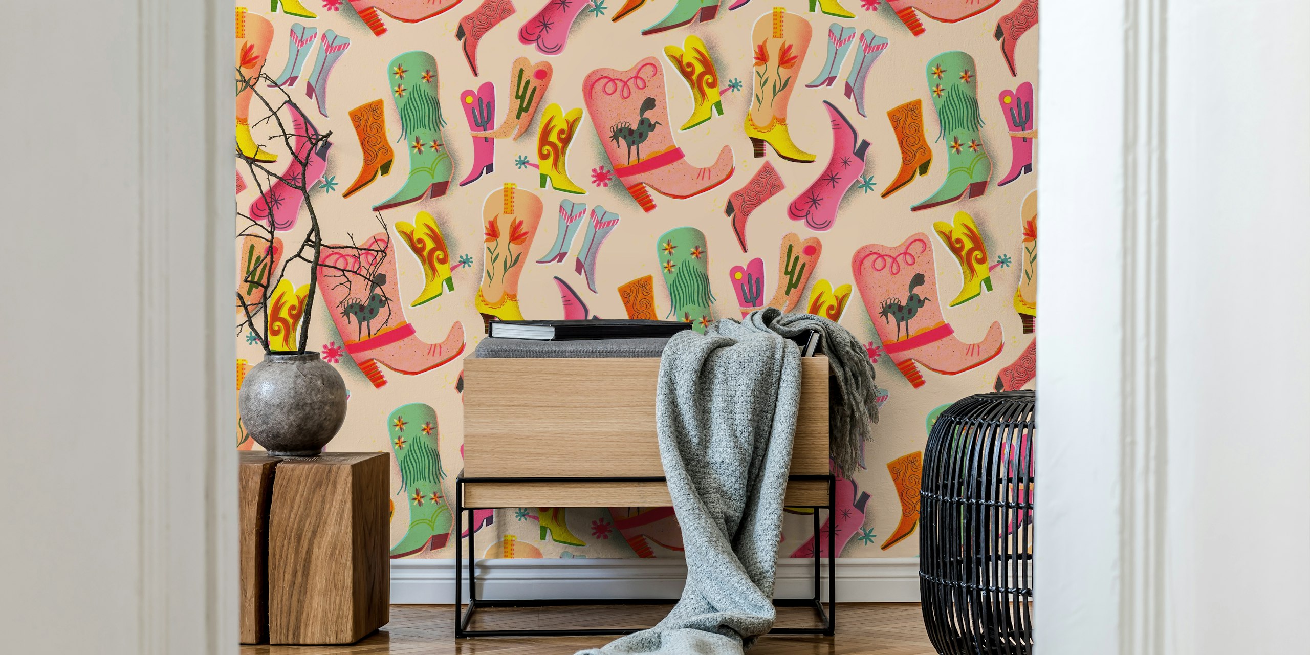 Colorful cowboy boots in shades of pink, green, and yellow wallpaper