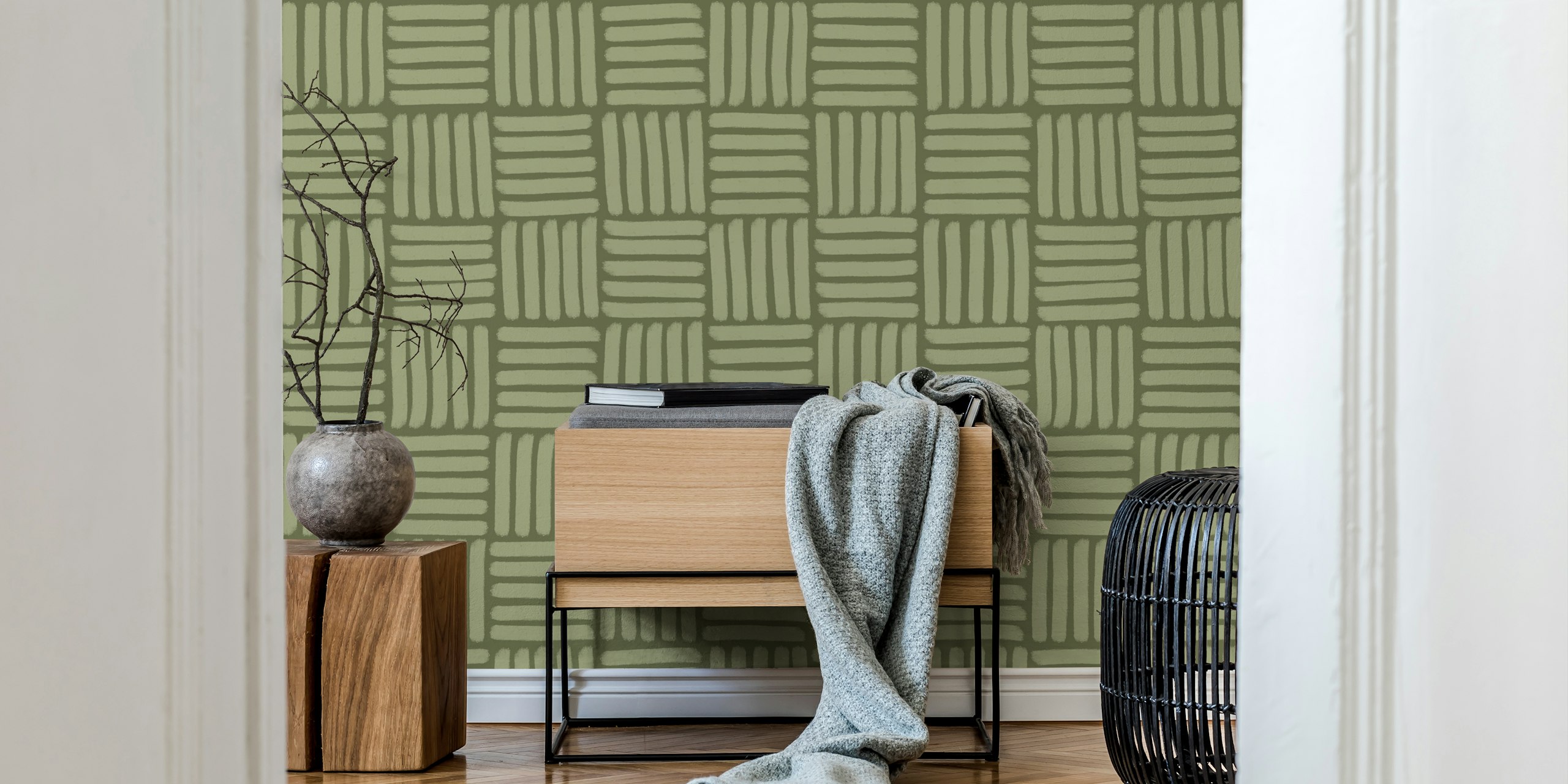 Basketweave pattern in light green and moss green wallpaper
