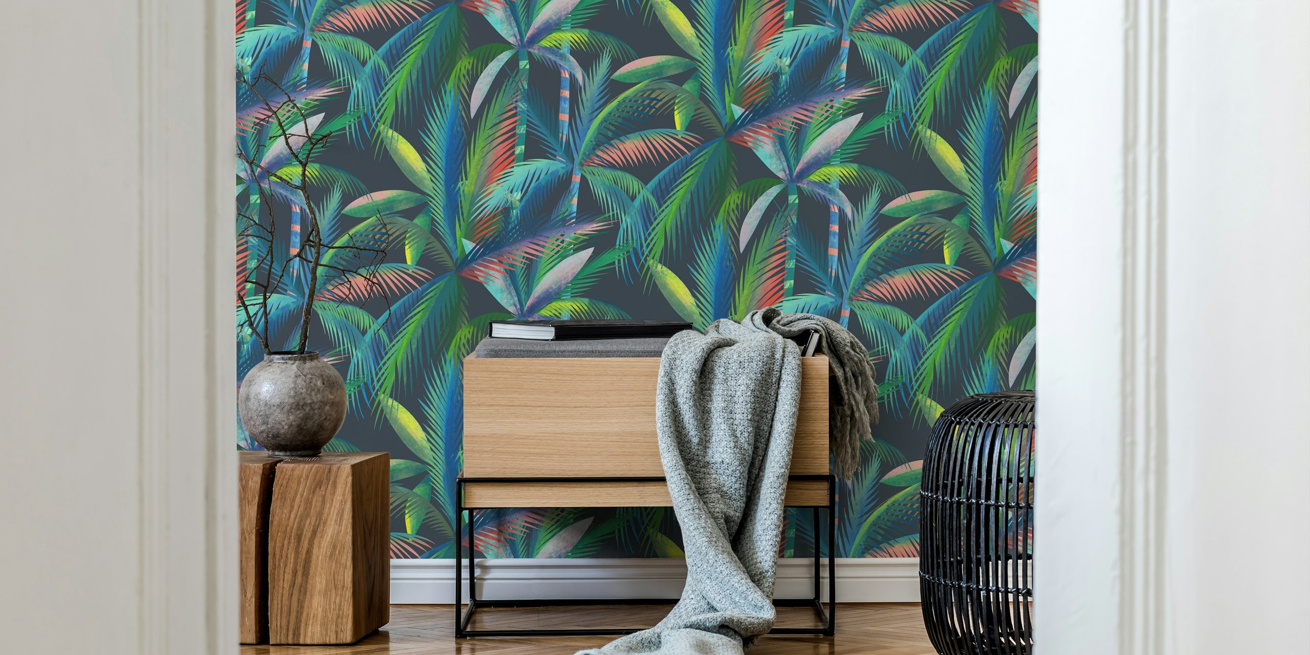Lush jungle palm trees wallpaper in a room