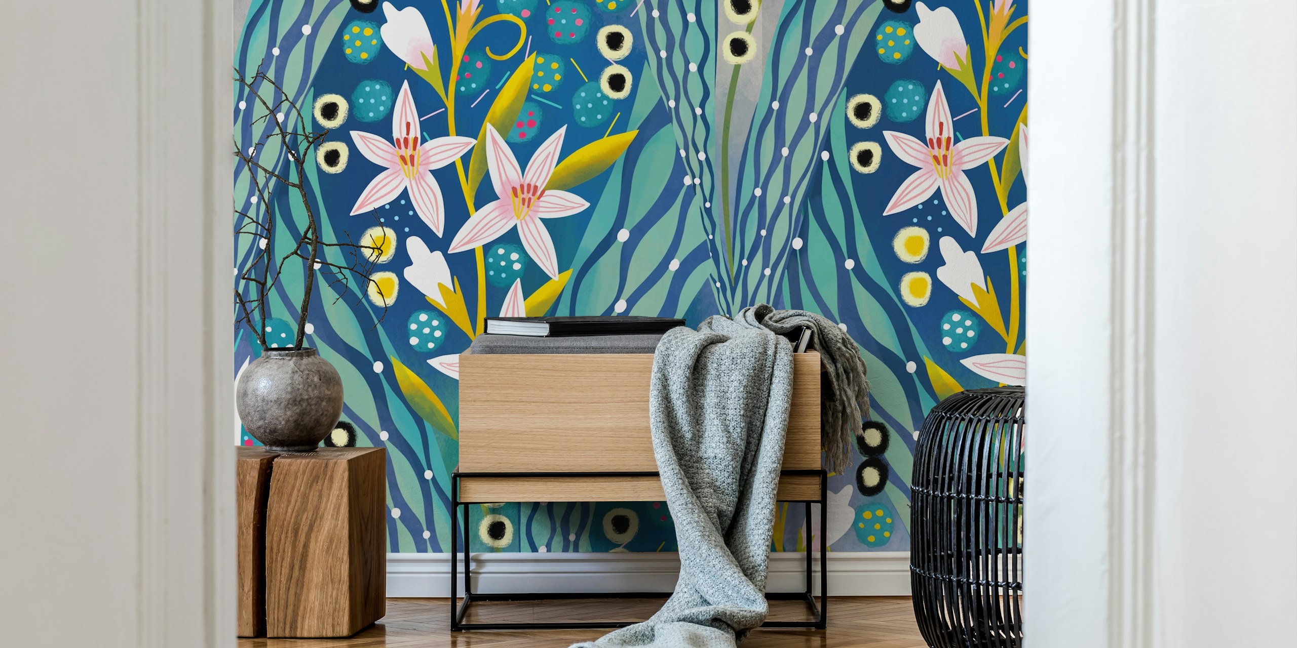 Art deco lilies wallpaper design in a room