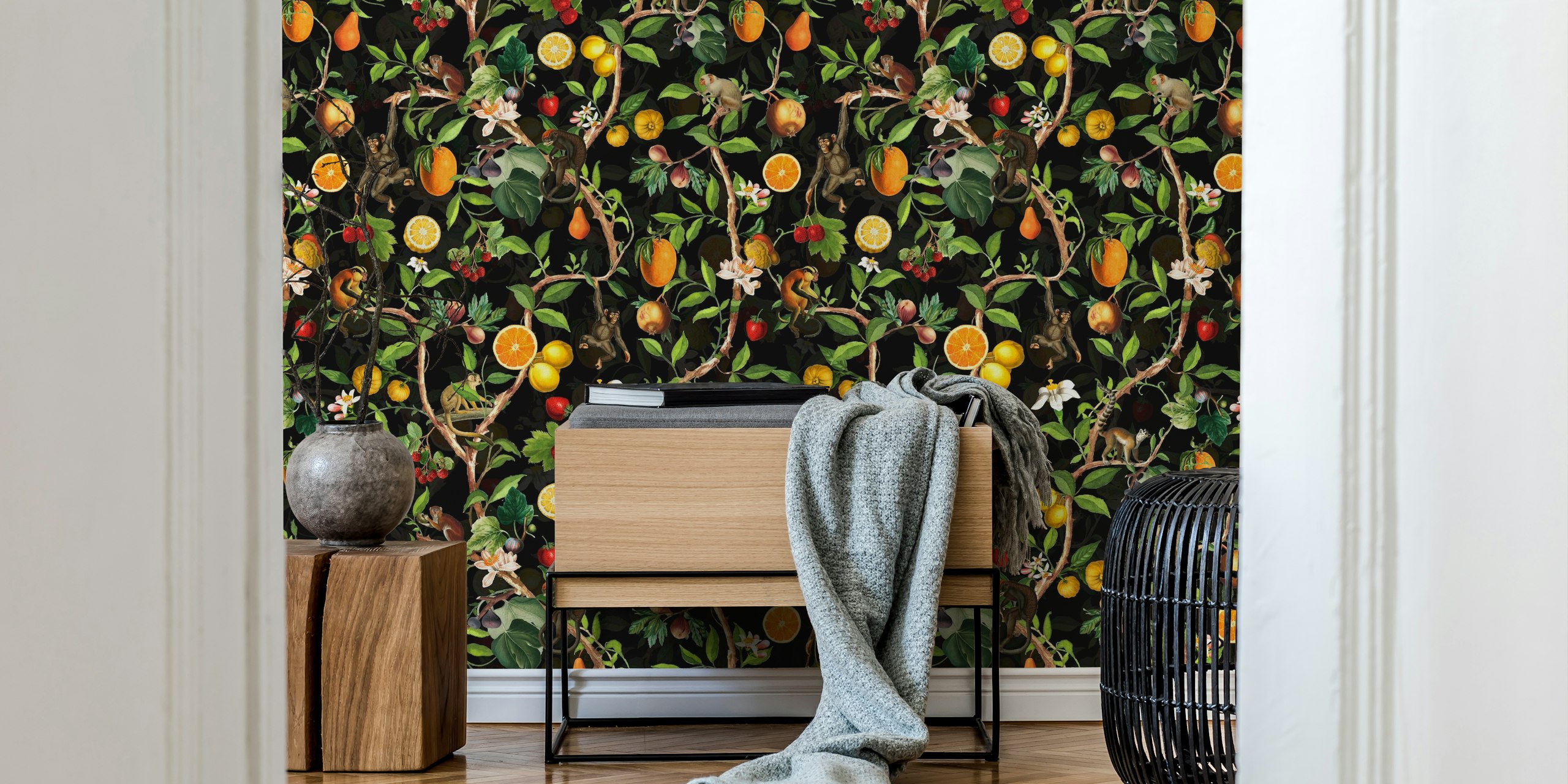 Singes, fruits et fleurs colorées sur fond noir wallpaper