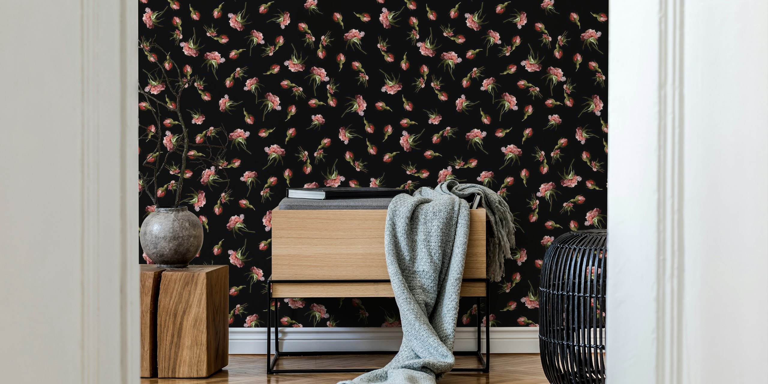 Midnight Rose Garden floral wallpaper in a room