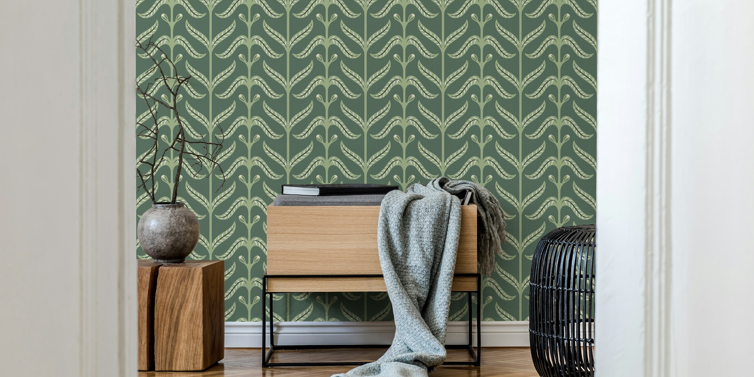 Botanical green leaves wallpaper with patterned vines, nature-inspired