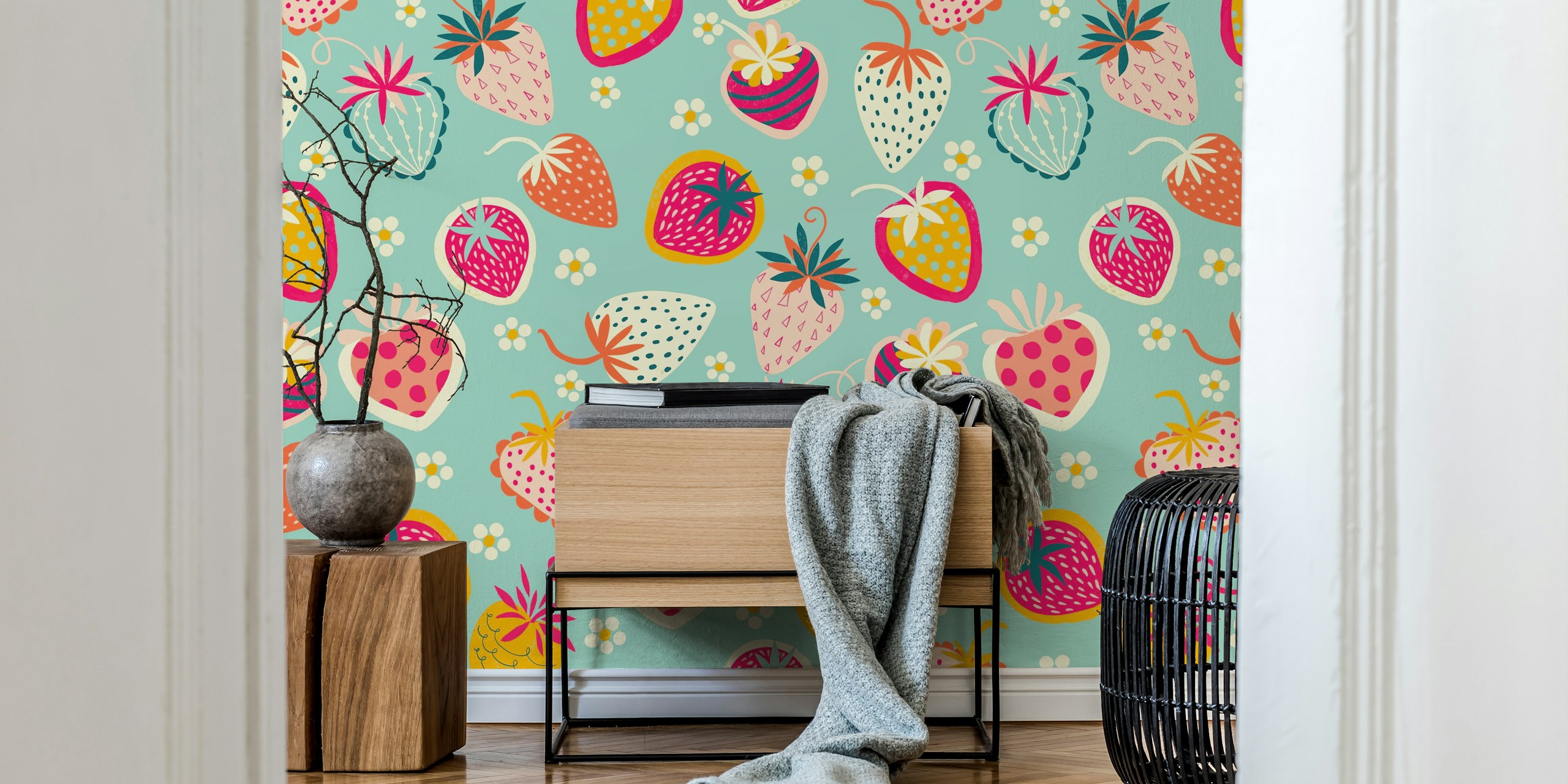 Colorful strawberries on light blue background wallpaper