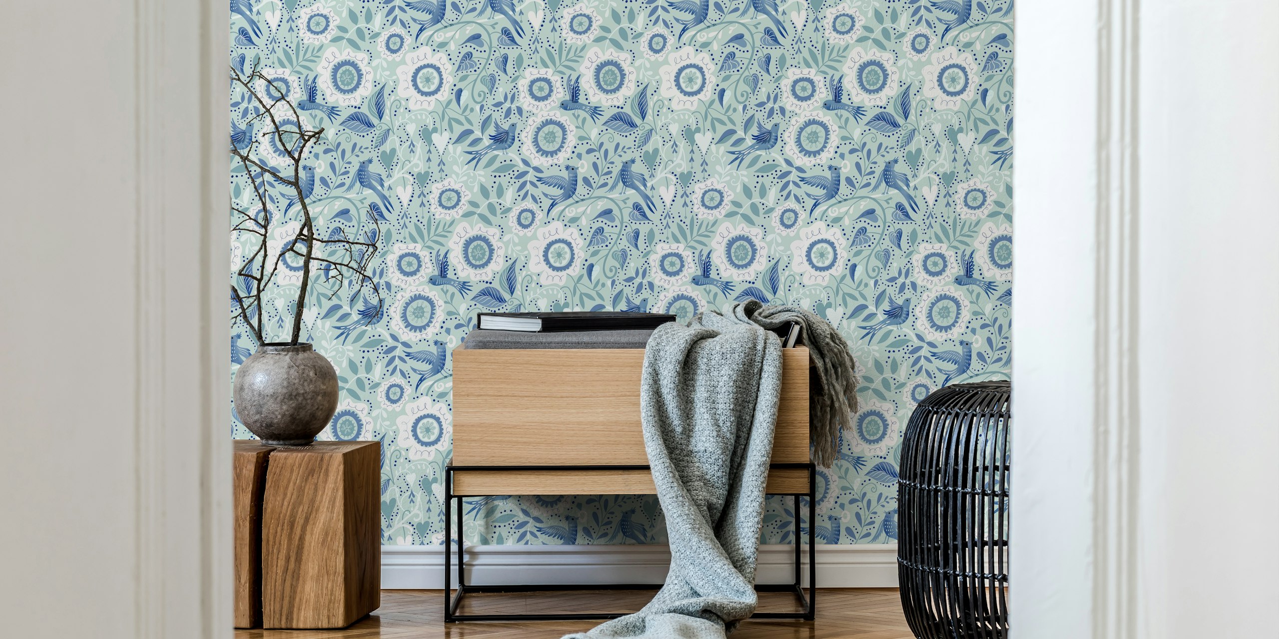 Blue birds and white flowers on mint background wallpaper