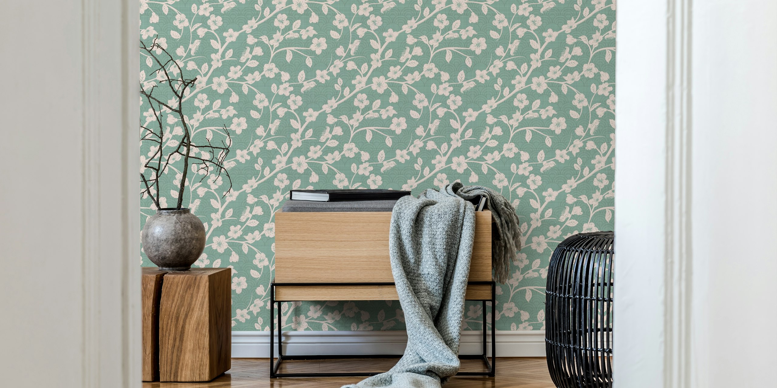 Teal background with white cherry blossom branches wallpaper