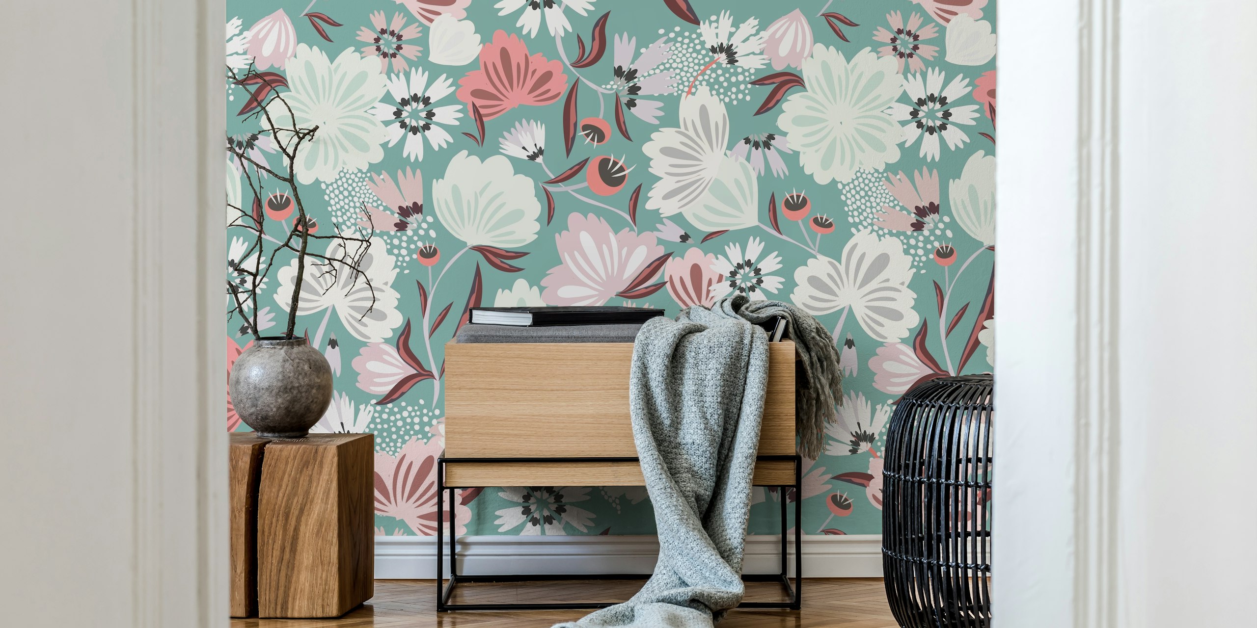 Papel de parede muted floral bloom em um quarto