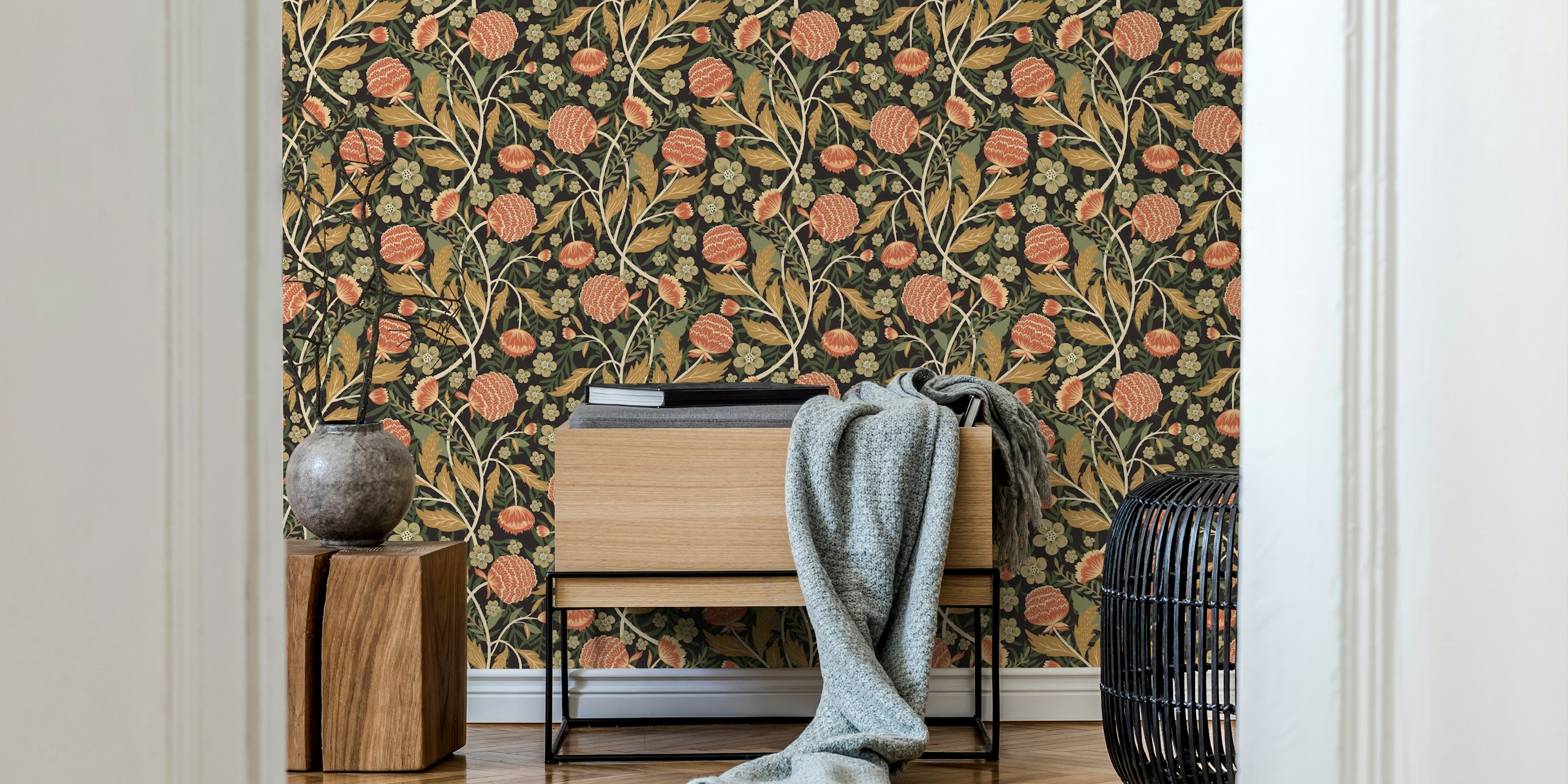 Classic William Garden floral pattern wall mural with green foliage and pink flowers.