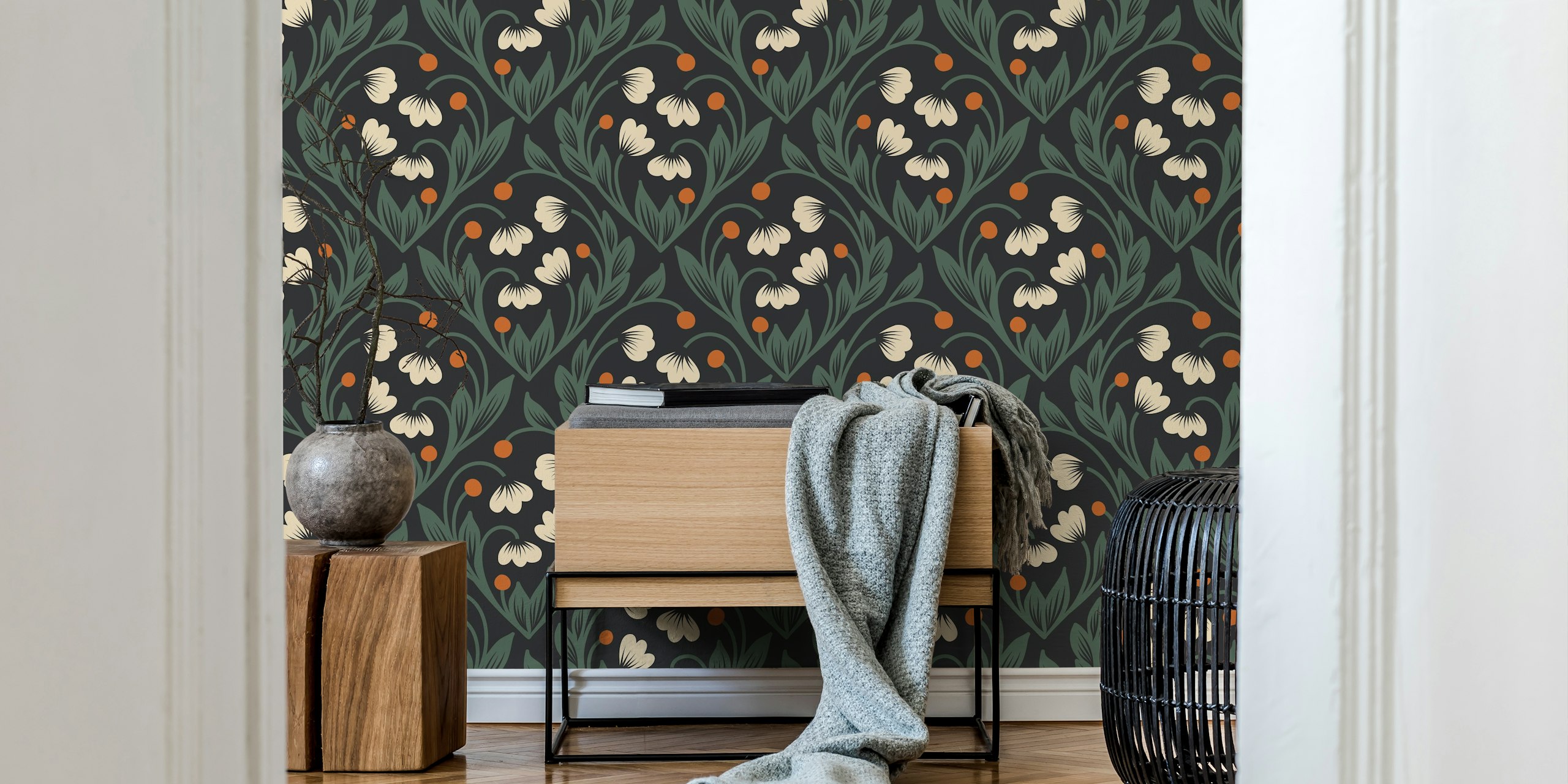 Floral pattern in cream and green on black wallpaper