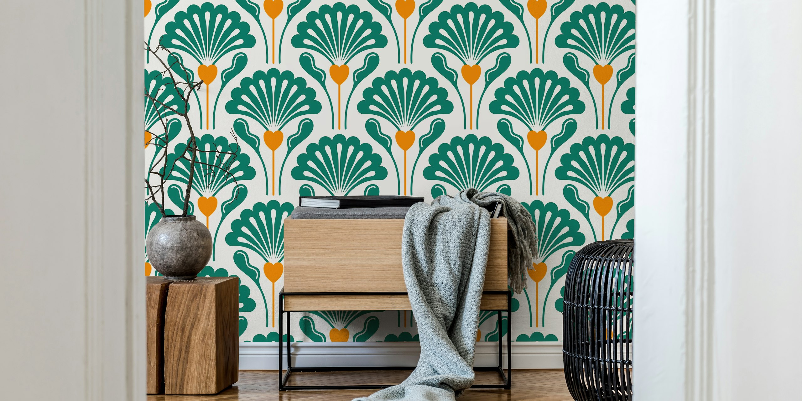 Floral patterns in green and orange on cream wallpaper