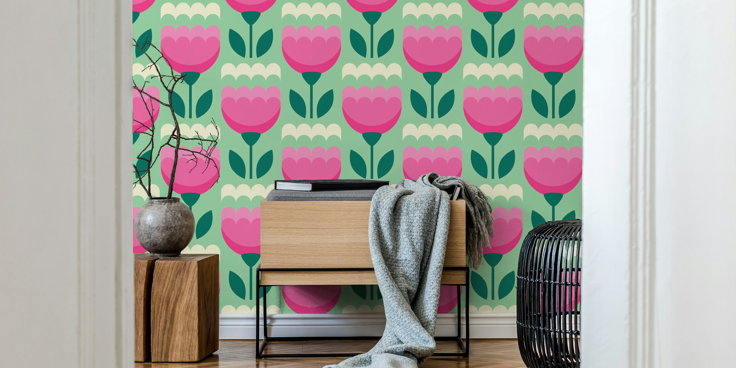Pink abstract tulips wallpaper in a room
