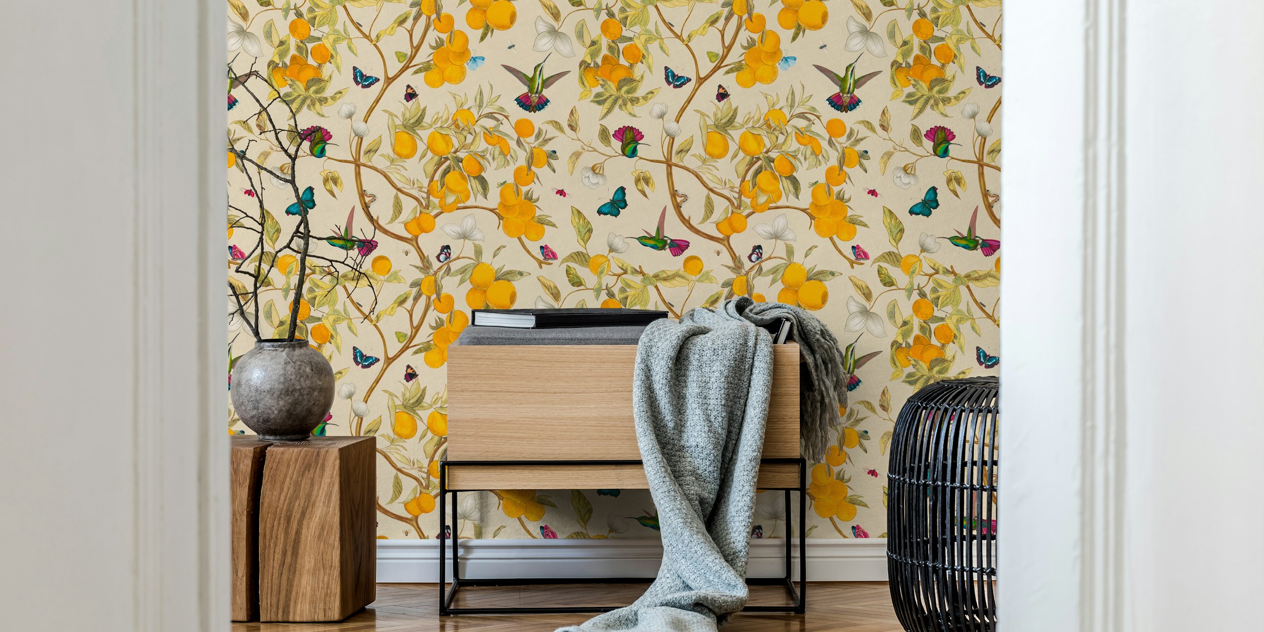 Hummingbirds and lemons wallpaper design