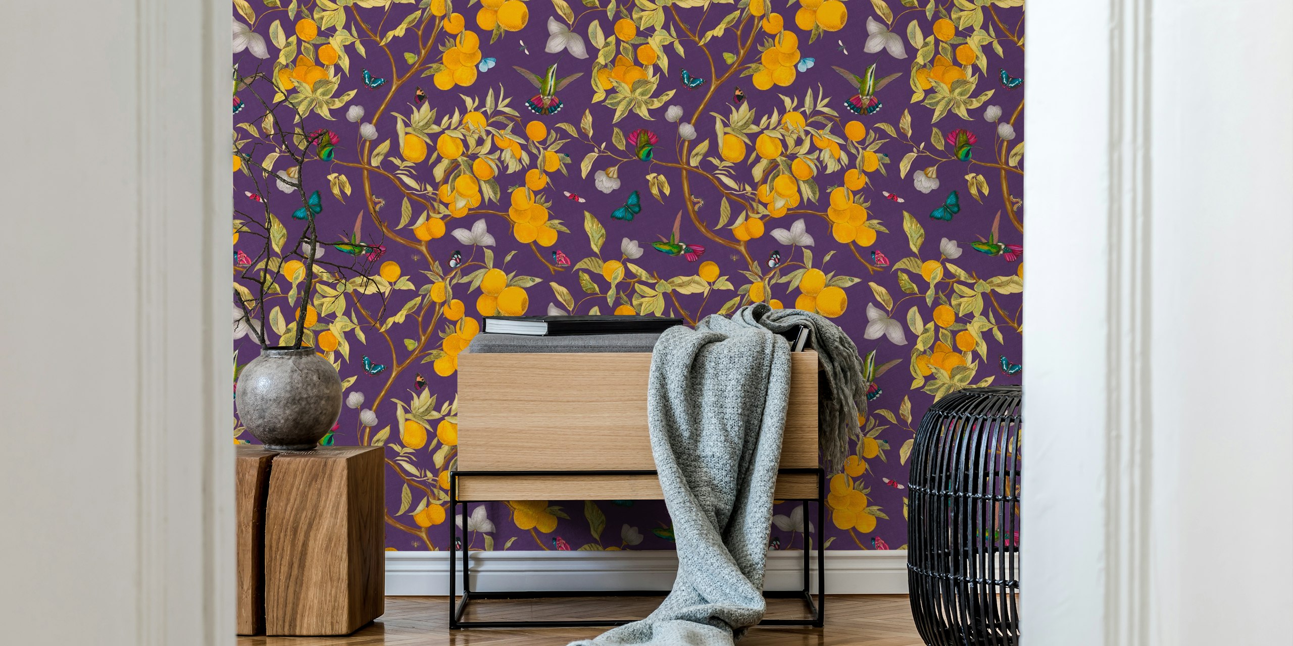 Hummingbirds and lemons wallpaper design in room